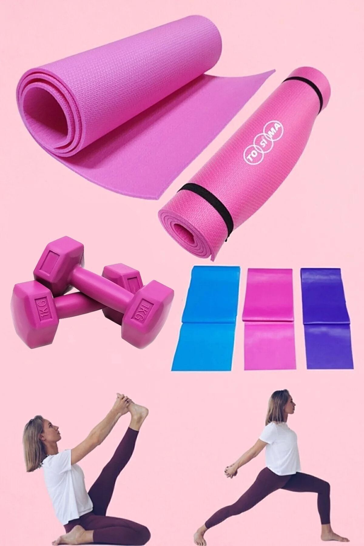 Tosima Pilates Minderi 3'lü Pilates Lastiği 1 Kg Dambıl Egzersiz Seti Yoga Matı Pilates Seti Egzersiz Seti