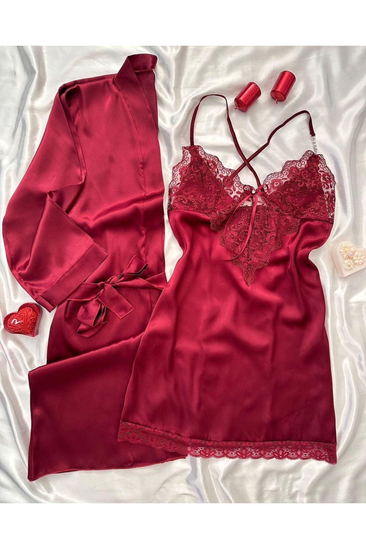 Satin Double Claret Red Nightgown Set