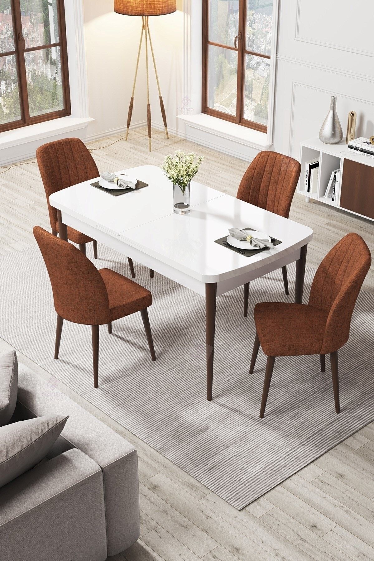 Par Series 70x114, Openable Mdf Dining Table White Table Walnut Feet And 4 Tile Chair Set