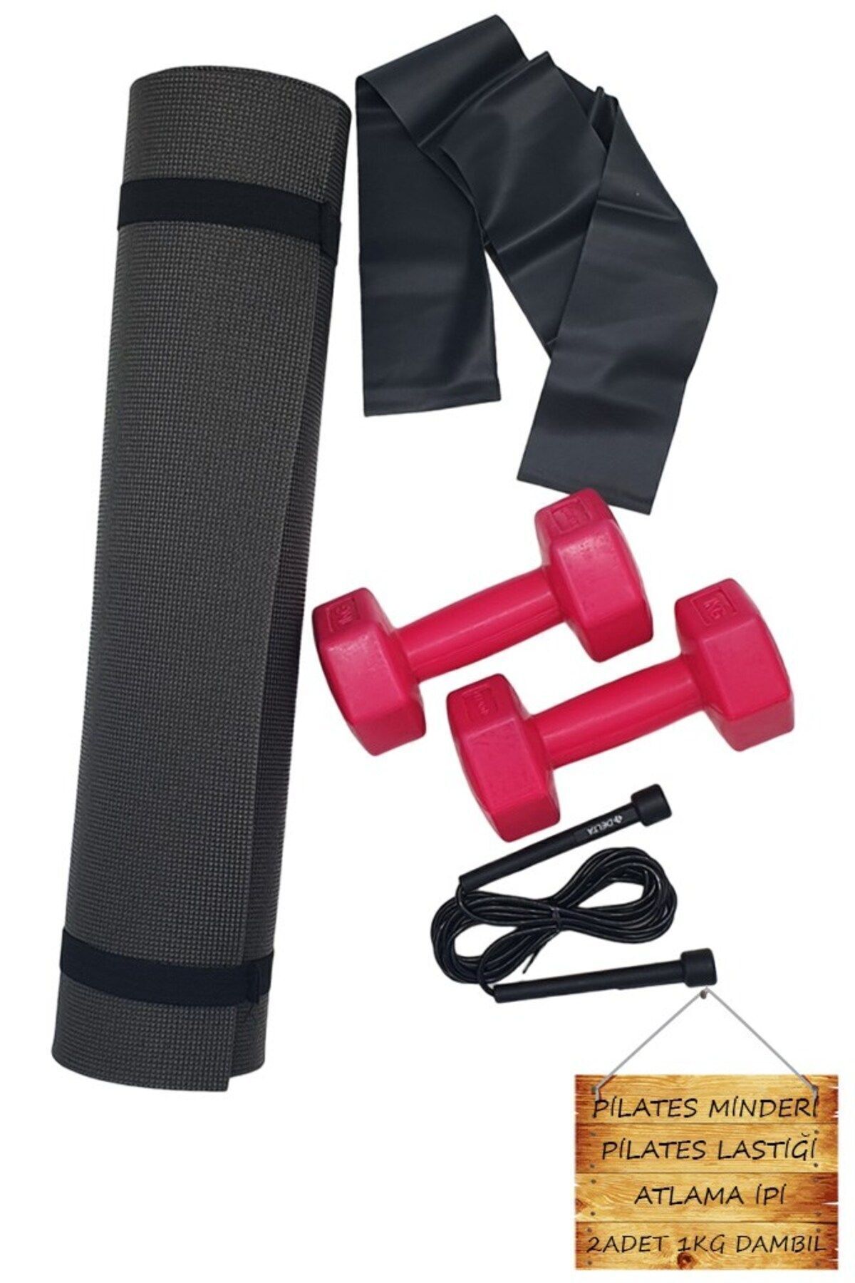 Tosima R6MM Pilates Minderi Direnç Lastiği Atlama İpi 2 Adet 1 Kg Dambıl Set