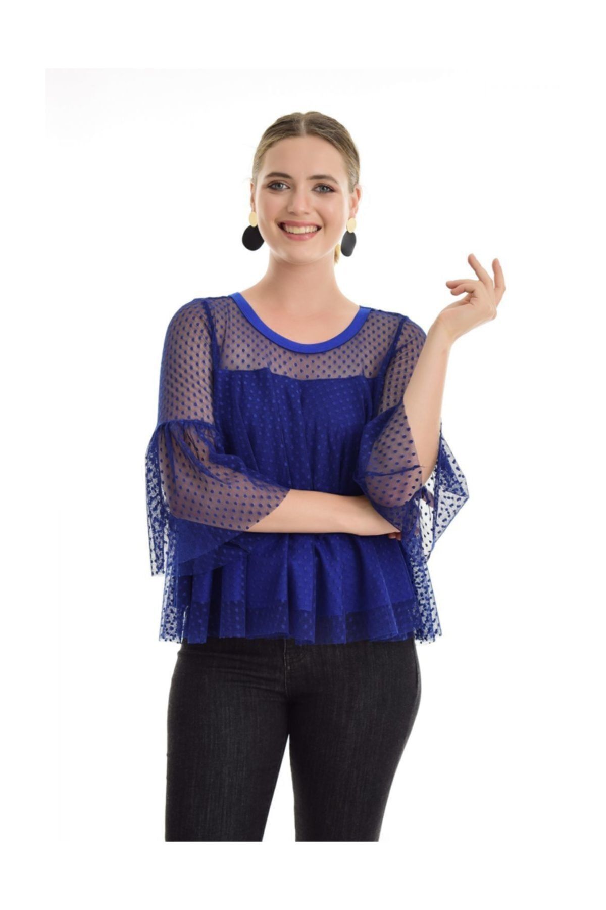  Sense Saks Kolları Tül Volanlı Bluz