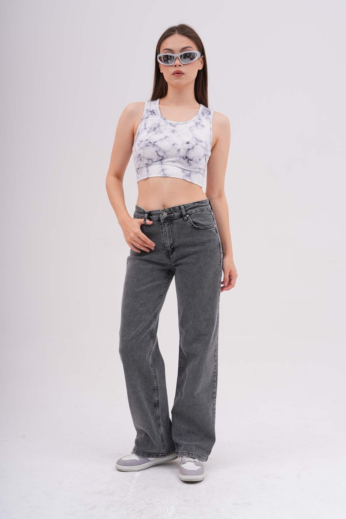 WODDİ Lube Süper Yüksek Bel Likralı Salaş Paça Kadın Jean Kot Pantolon ...