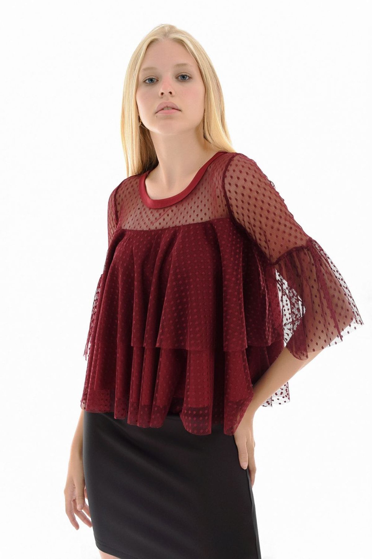  Sense Bordo Kolları Tül Volanlı Bluz