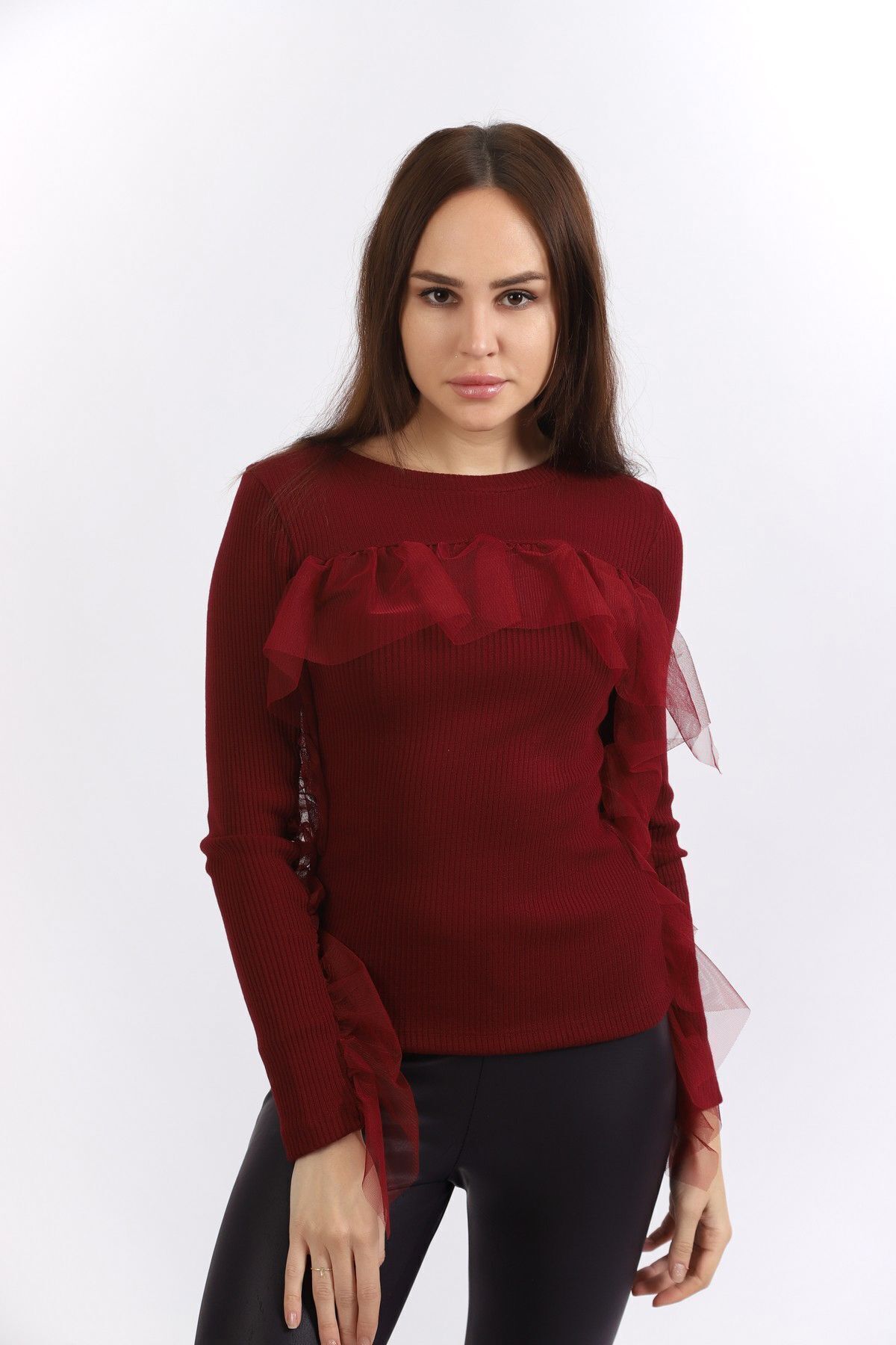  Sense Bordo Önü Ve Kolları Büzgü Tüllü Kaşkorse Triko Bluz | Blz32462