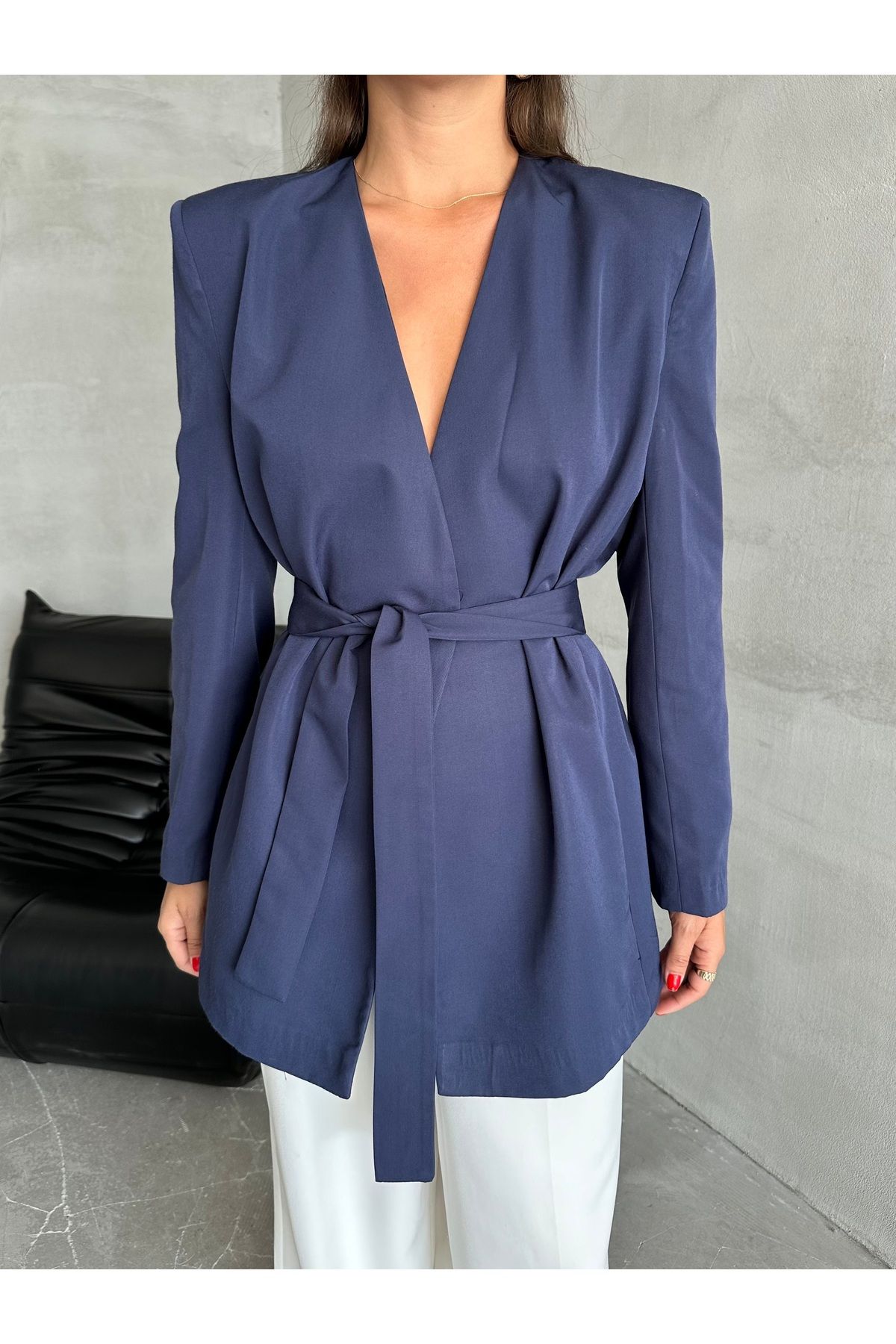 Laluvia-Marineblau Elegant - Jacke mit Gürtel Design 8