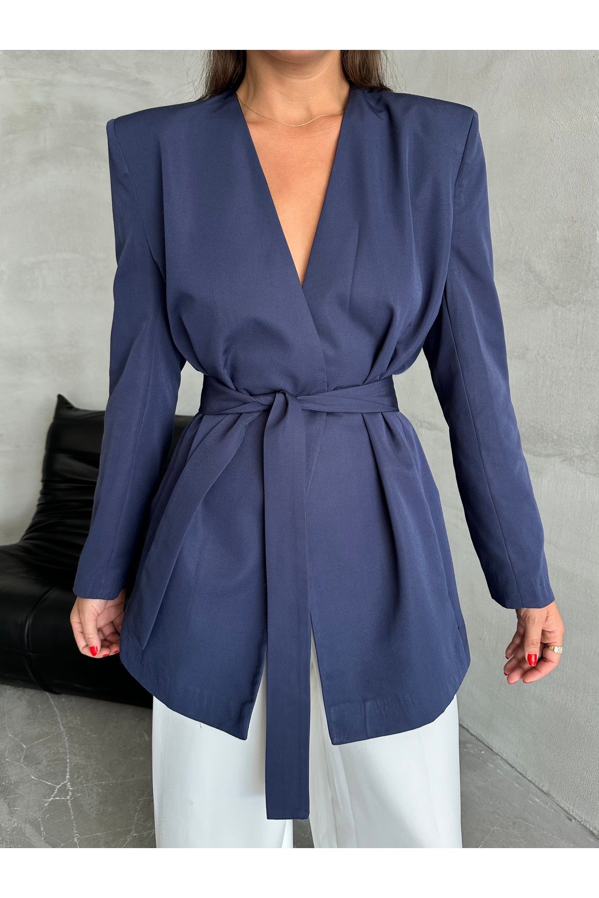 Laluvia-Marineblau Elegant - Jacke mit Gürtel Design 1
