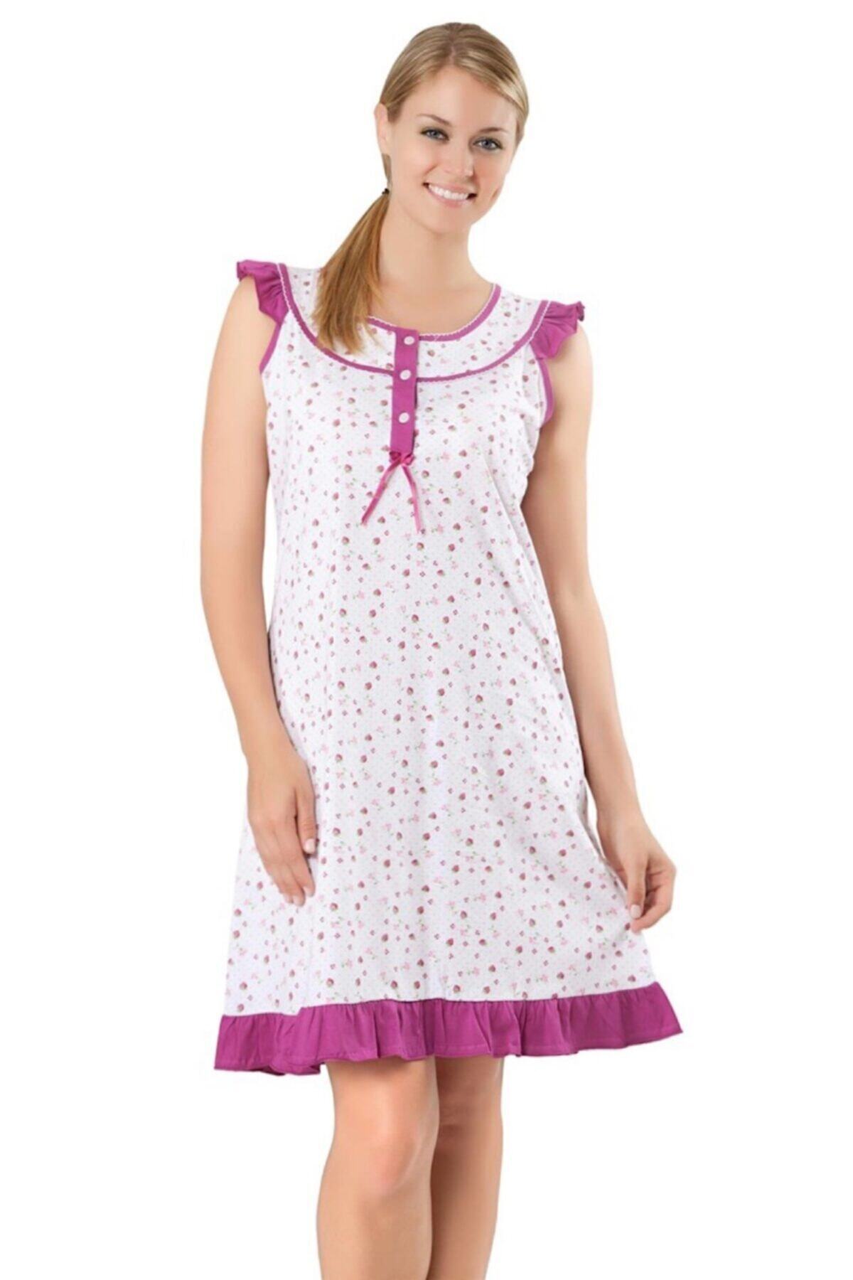 ATINÇ Kadın Japone Kol Fırfırlı Pamuk Yazlık Spor Gecelik