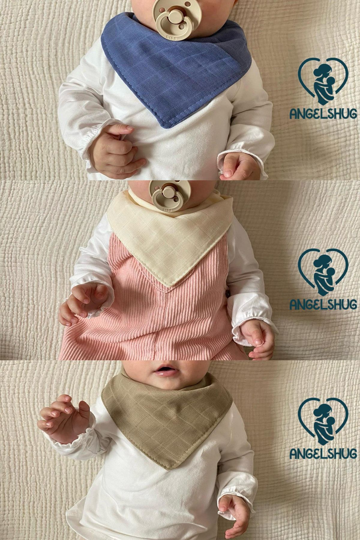 AngelsHug %100 Organik Müslin Çift Katlı Bebek Fular & Yakalık Mama Önlüğü & Salya Önlüğü Bez 10 ADET 40 CM fotoğrafı 4 (önizleme)