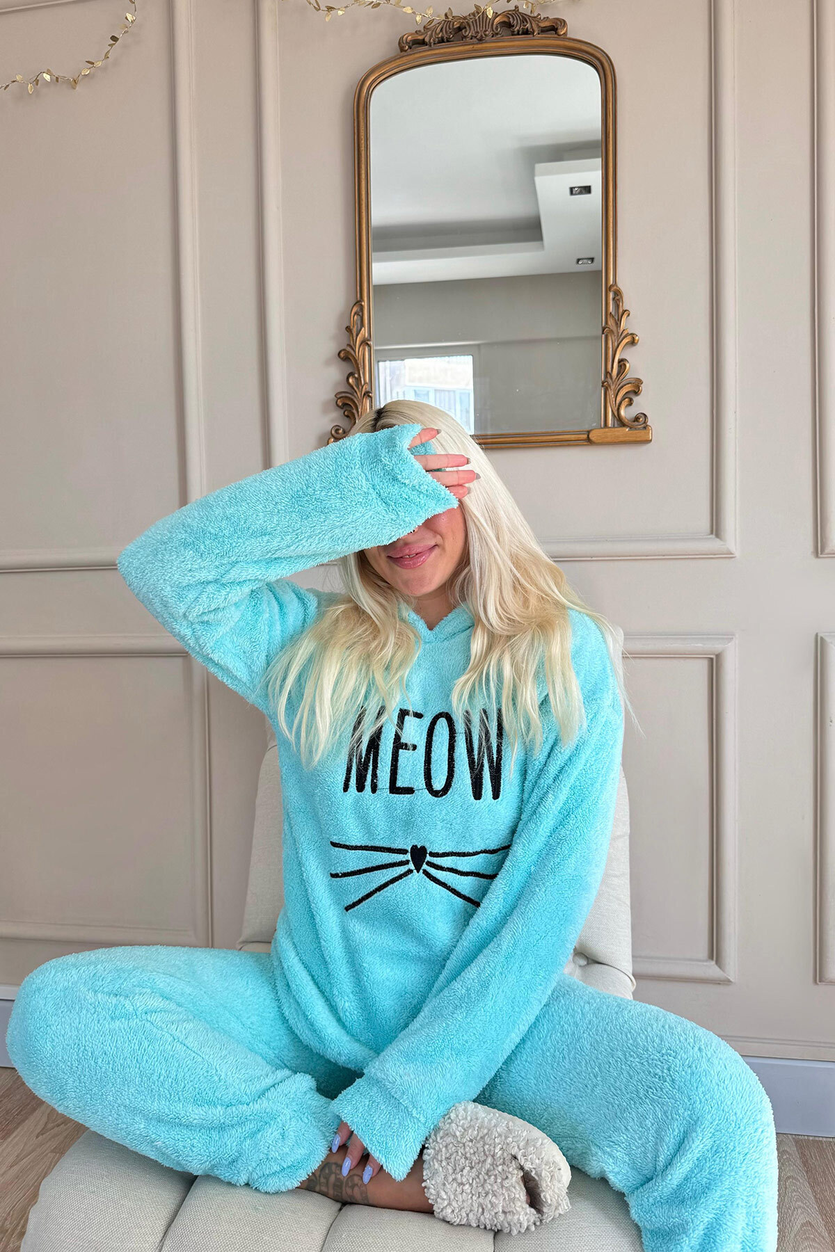Pijamaevi-Aqua Green Meow Patterned Pajama Set - Full Plush 4