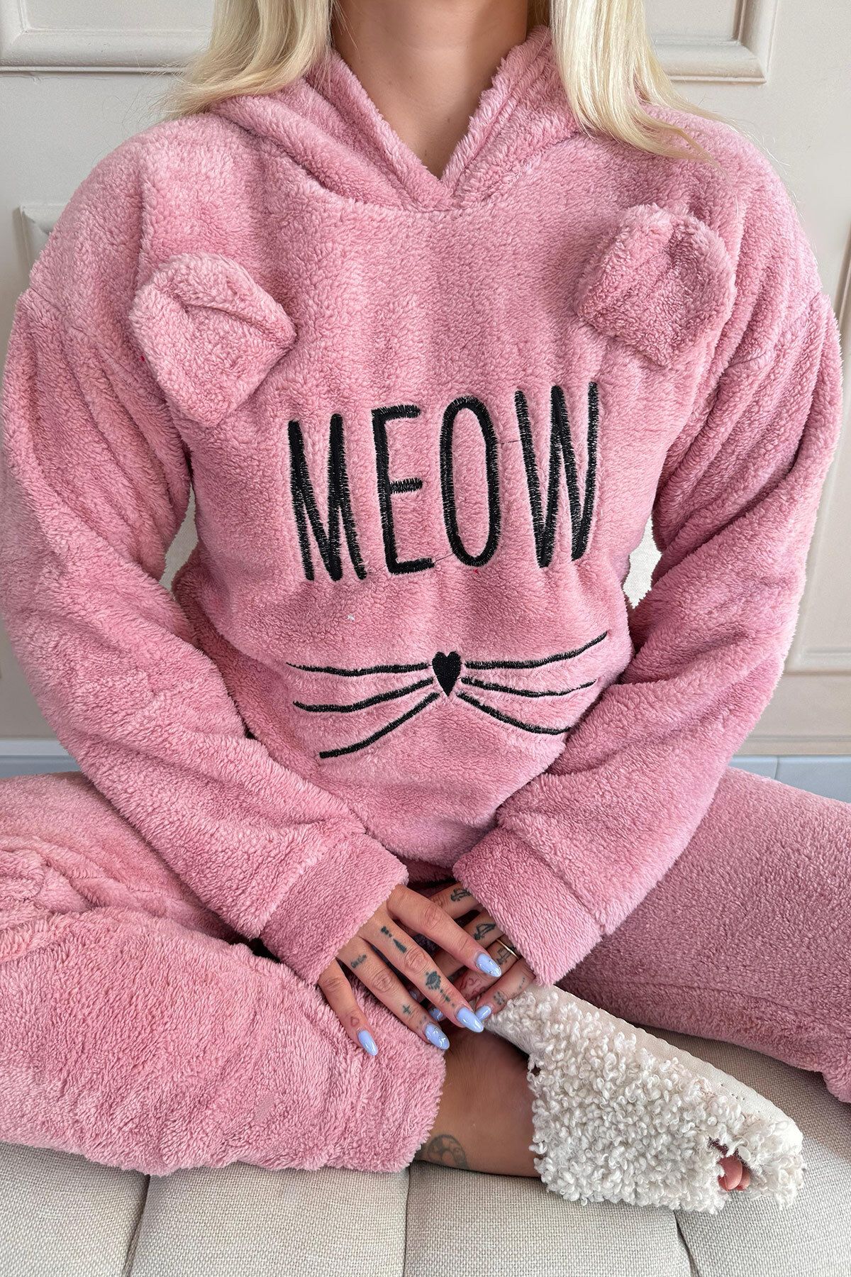 Pijamaevi-Women's Pink Meow Patterned Full Plush Pajama Set 7