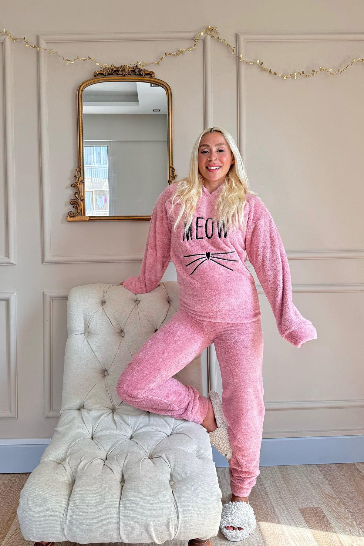Pijamaevi-Women's Pink Meow Patterned Full Plush Pajama Set 6