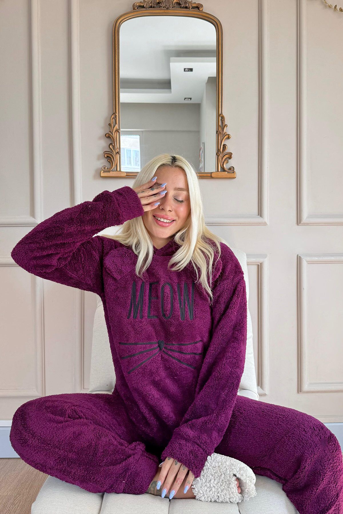 Pijamaevi-Meow Patterned Plum Full Plush Pajama Set 4