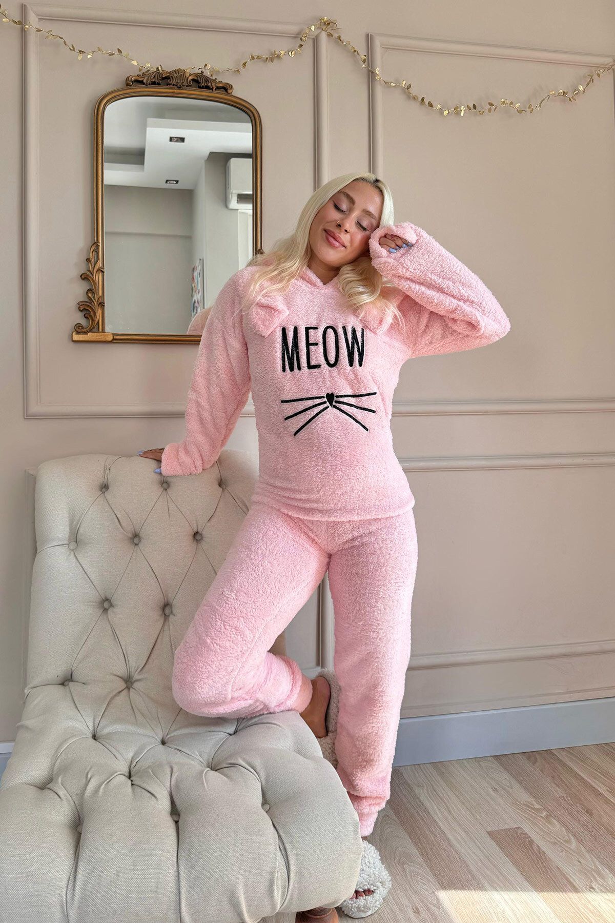 Pijamaevi-Salmon Meow Patterned Full Plush Pajama Set 6