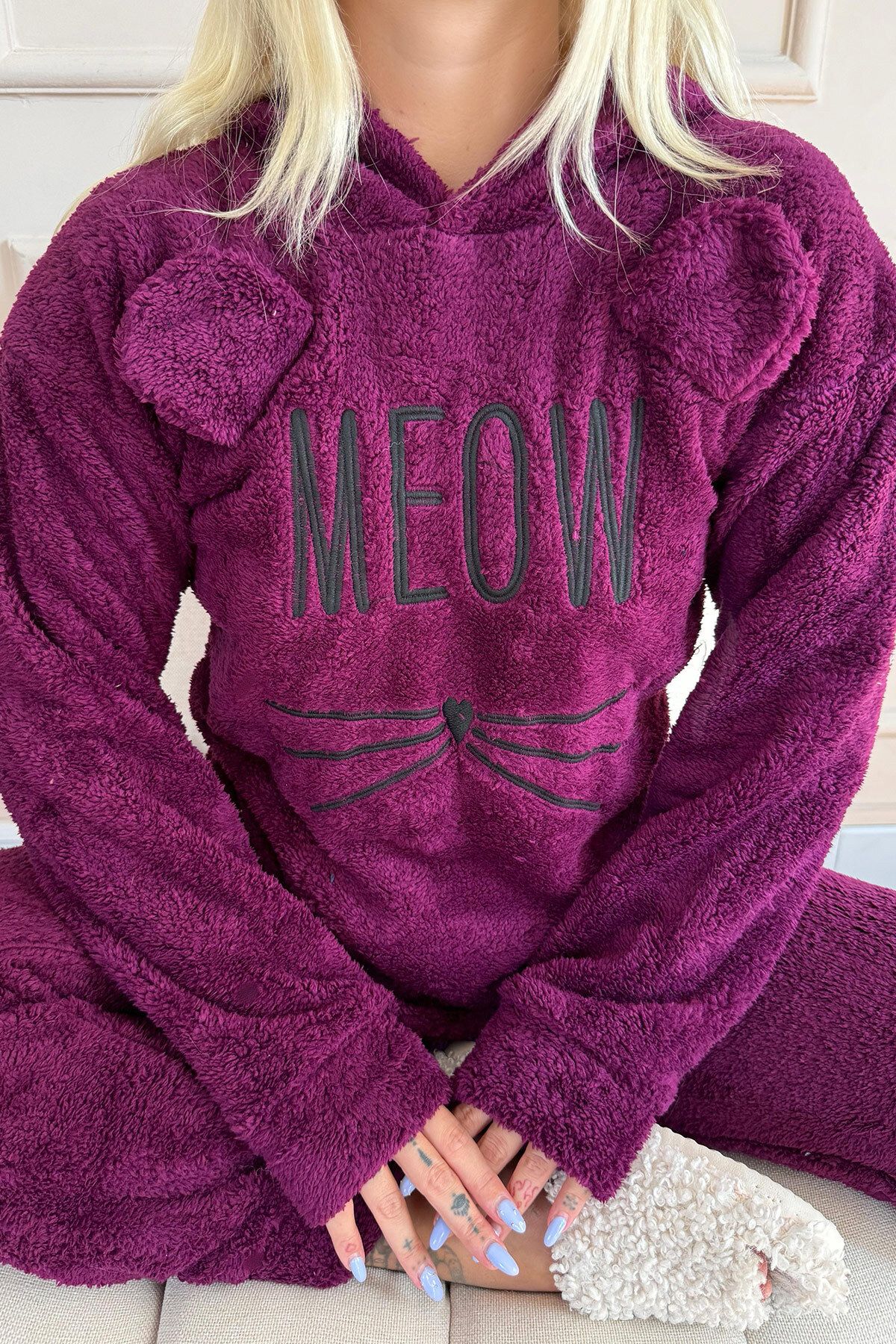 Pijamaevi-Meow Patterned Plum Full Plush Pajama Set 7