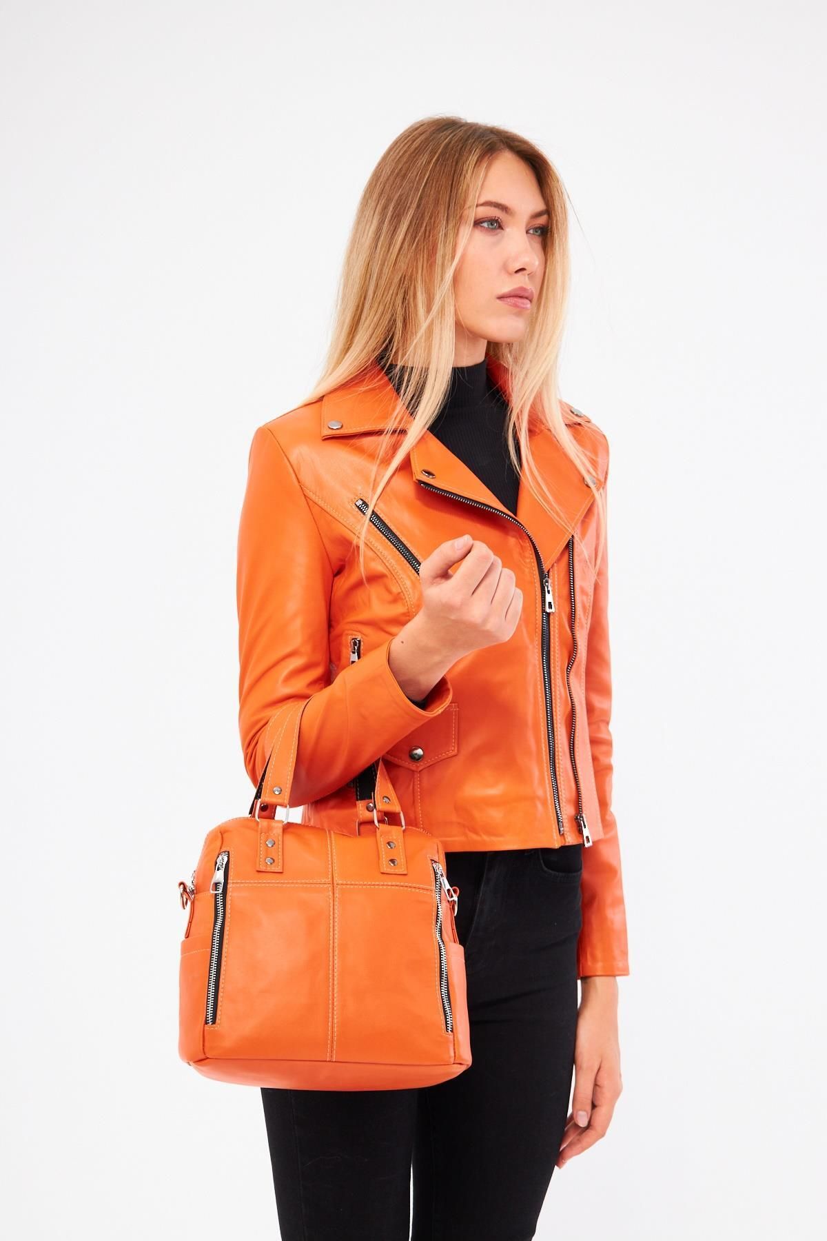 DERİNSS-Dr1249 - Genuine Leather Orange Coat and Bag Combination for Women 6