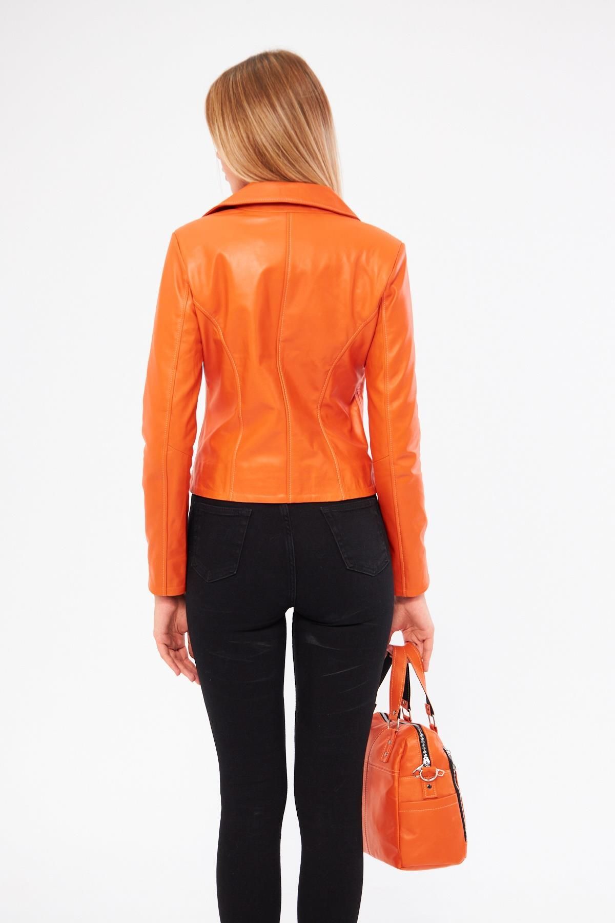 DERİNSS-Dr1249 - Genuine Leather Orange Coat and Bag Combination for Women 4