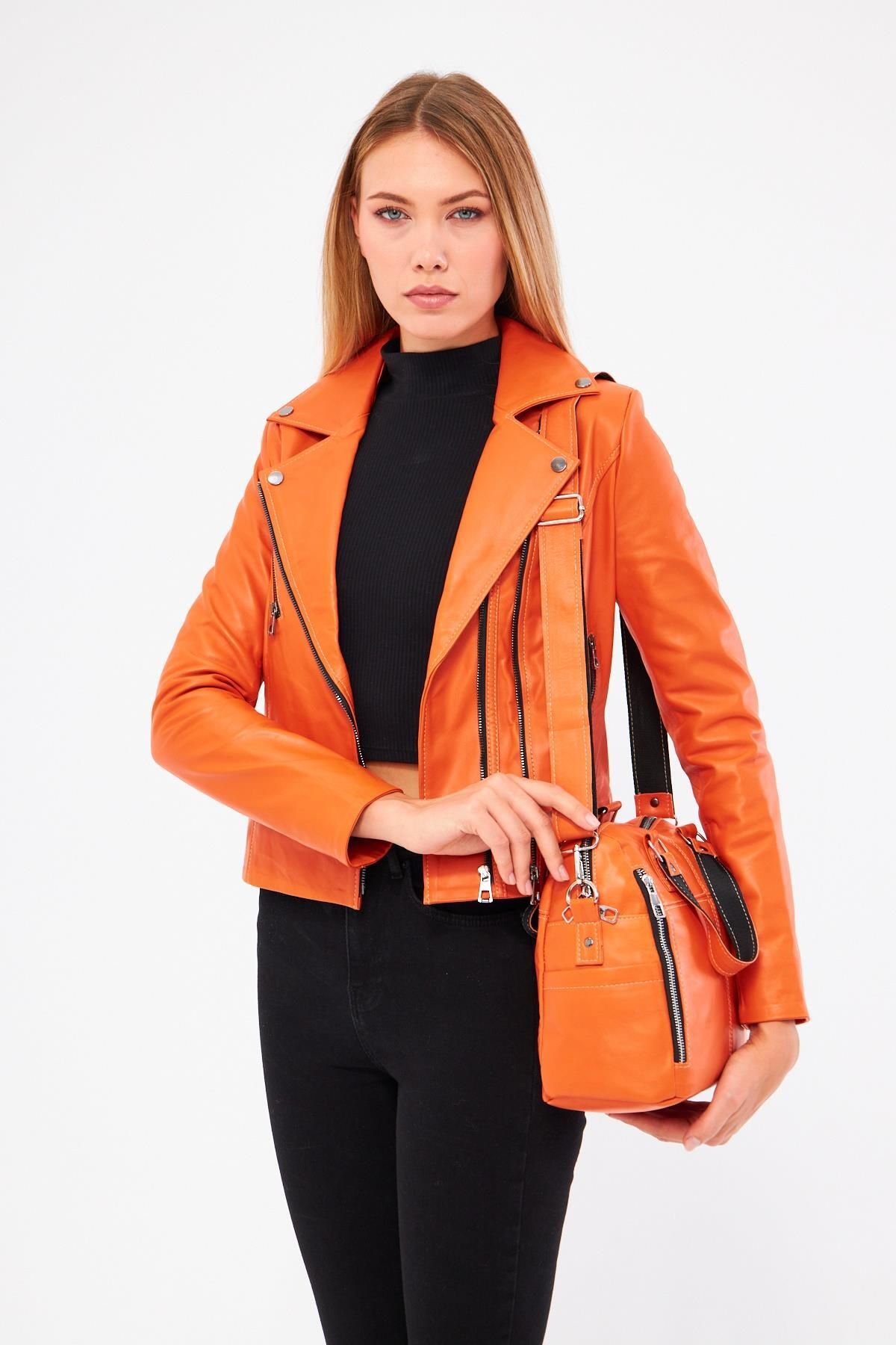 DERİNSS-Dr1249 - Genuine Leather Orange Coat and Bag Combination for Women 2