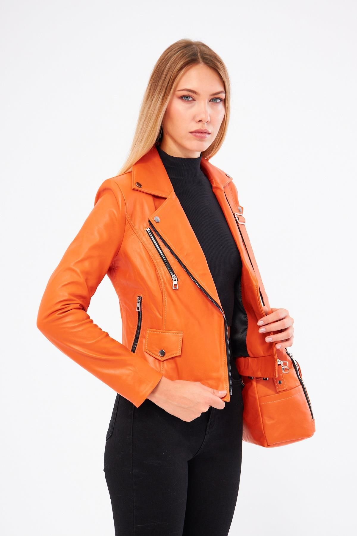 DERİNSS-Dr1249 - Genuine Leather Orange Coat and Bag Combination for Women 3