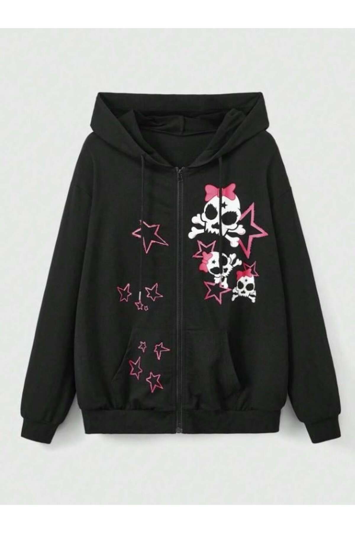 Aesthia MİNGALONDON Skull Punk Baskılı Oversize Fermuarlı Siyah Unisex Kapüşonlu Hırka — مشکی Minga7897