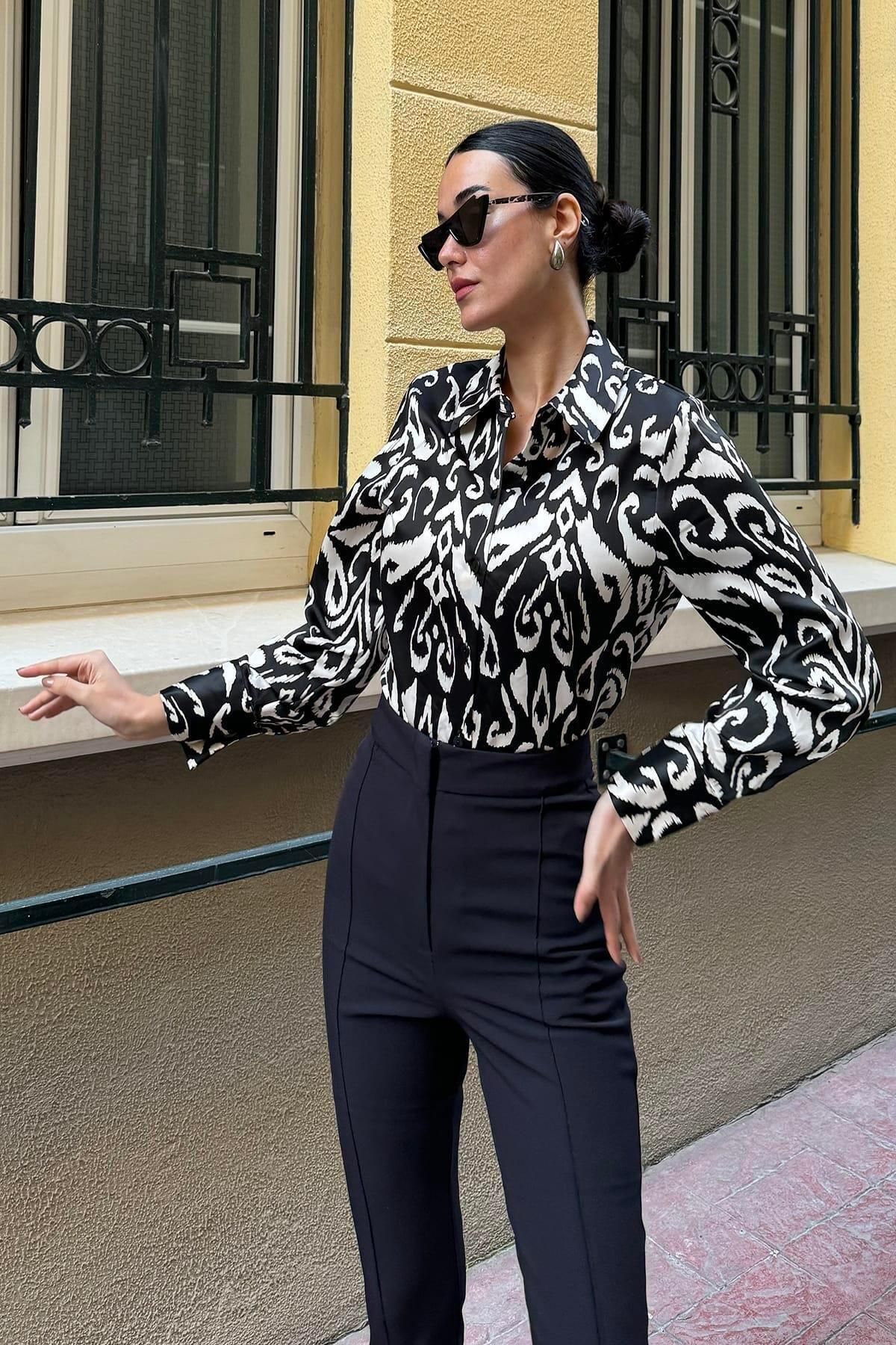 Now Moda-Cămașă neagră din satin cu model 4