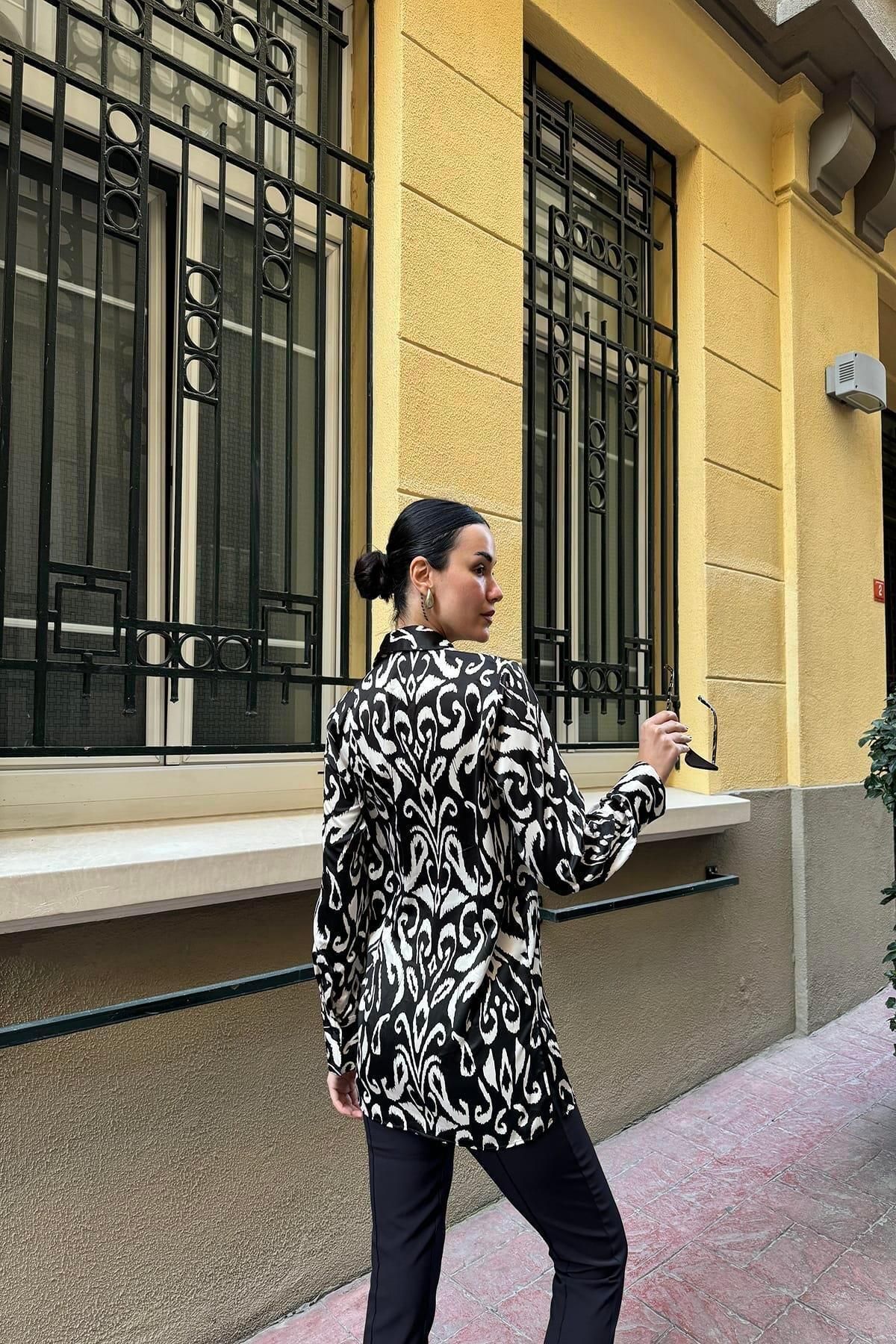 Now Moda-Cămașă neagră din satin cu model 5