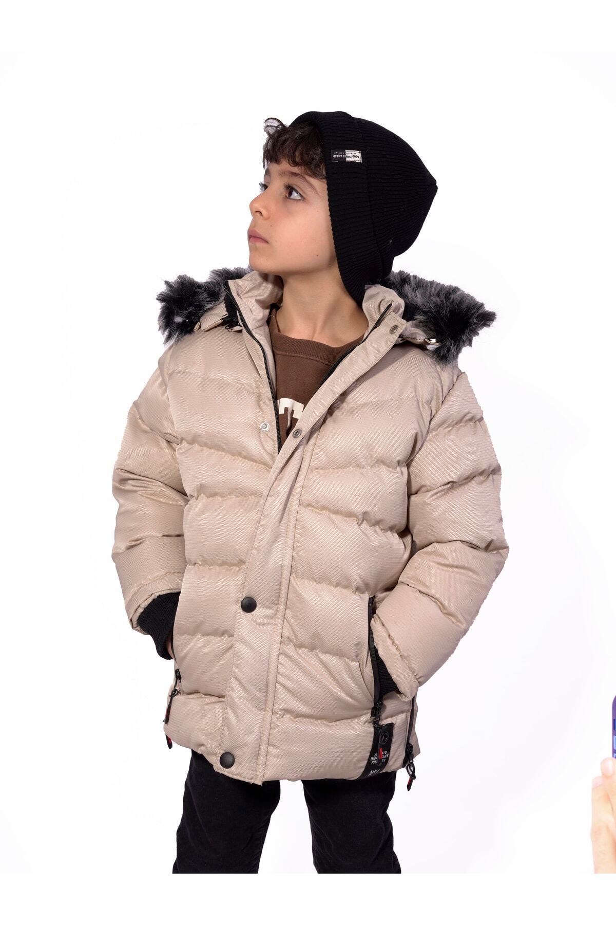  کاپشن پسرانه، خز مصنوعی، آستر مخمل، کلاه جداشدنی، بژ