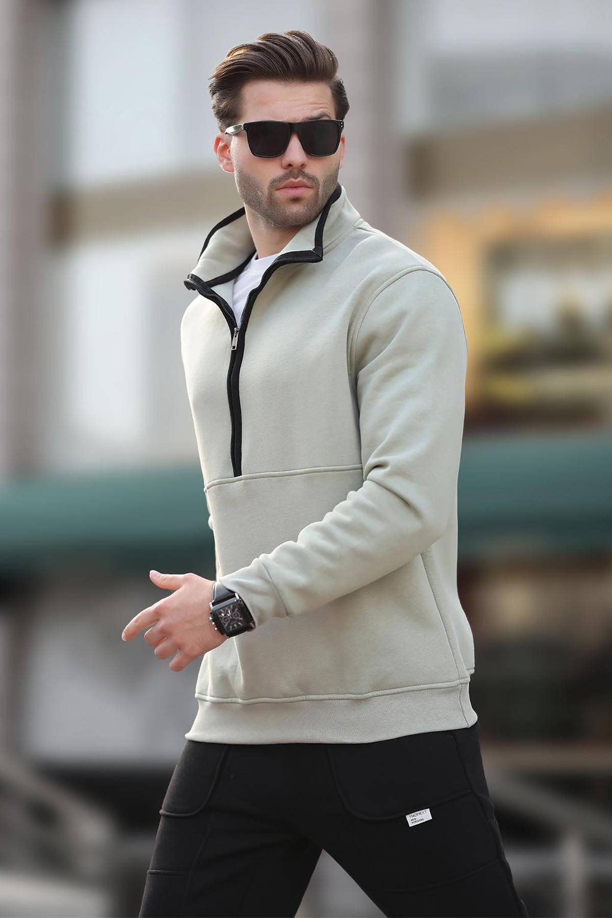 سویشرت نیمه زیپ یقه بلند خاکستری