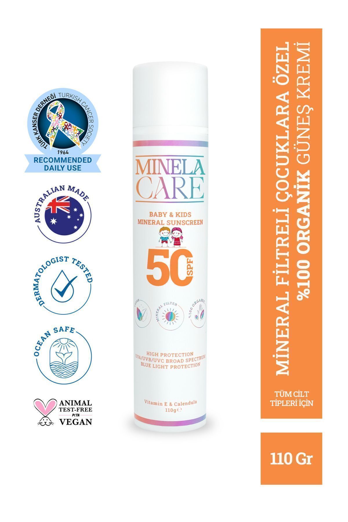 Organik Mineral Filtreli SPF 50+ Bebek ve Çocuk Güneş Kremi 110 gr Vegan Sertifikalı