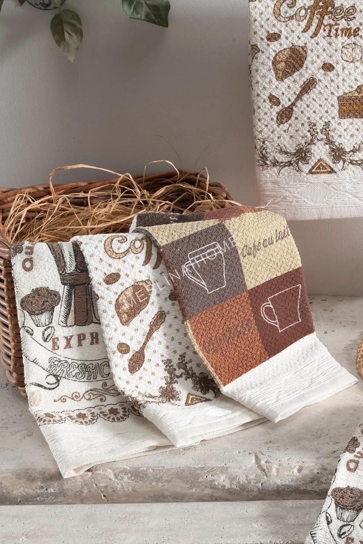Meslina Home-30x50cm 6 Pieces Kitchen Towels - Drying Cloth and Hand Towels Printed Coffee 4