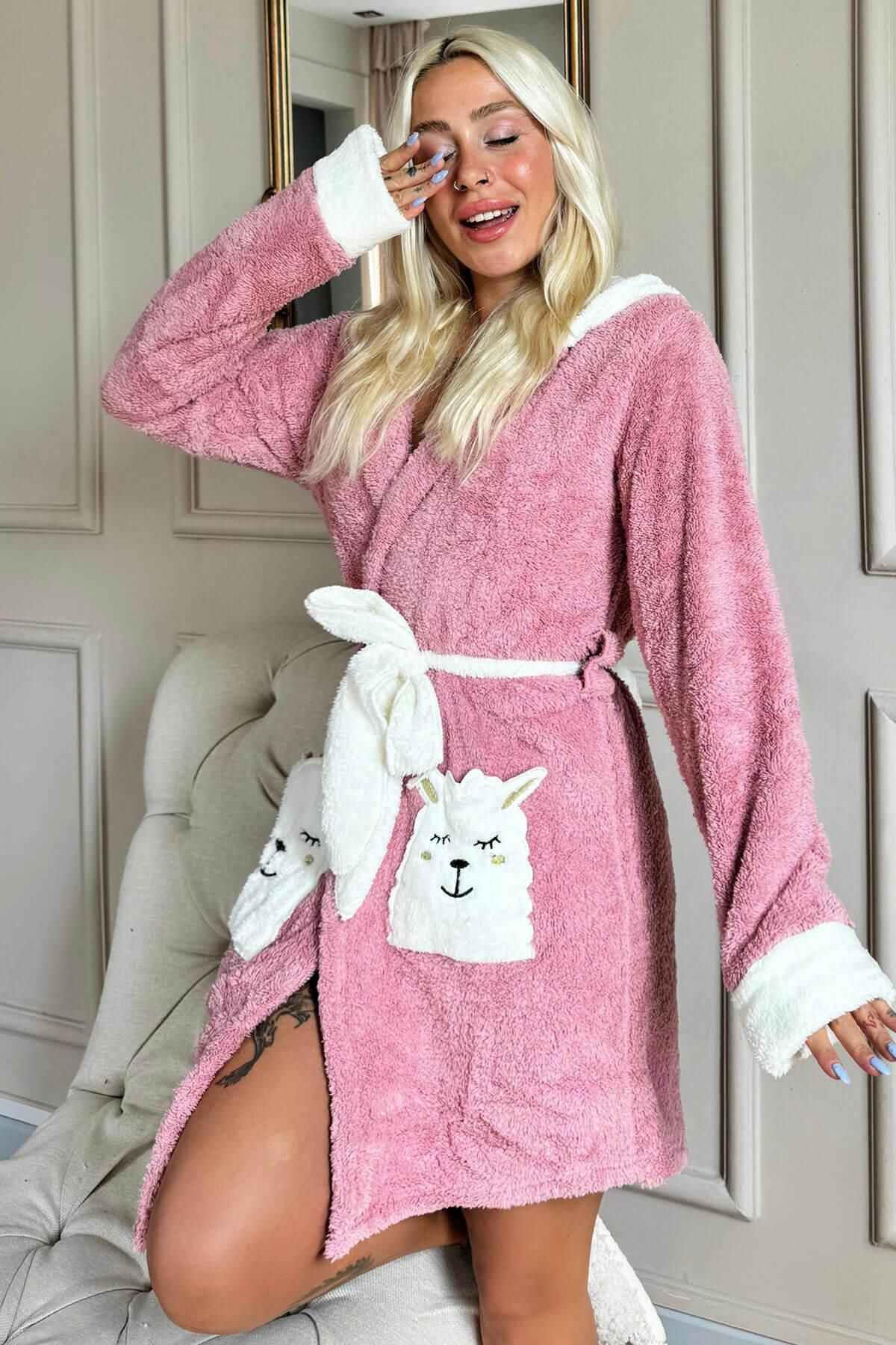 Pijamaevi Morgenmantel – Rosa, Fleece-plüsch Mit Kapuze Und Taschen für Damen - 2XL