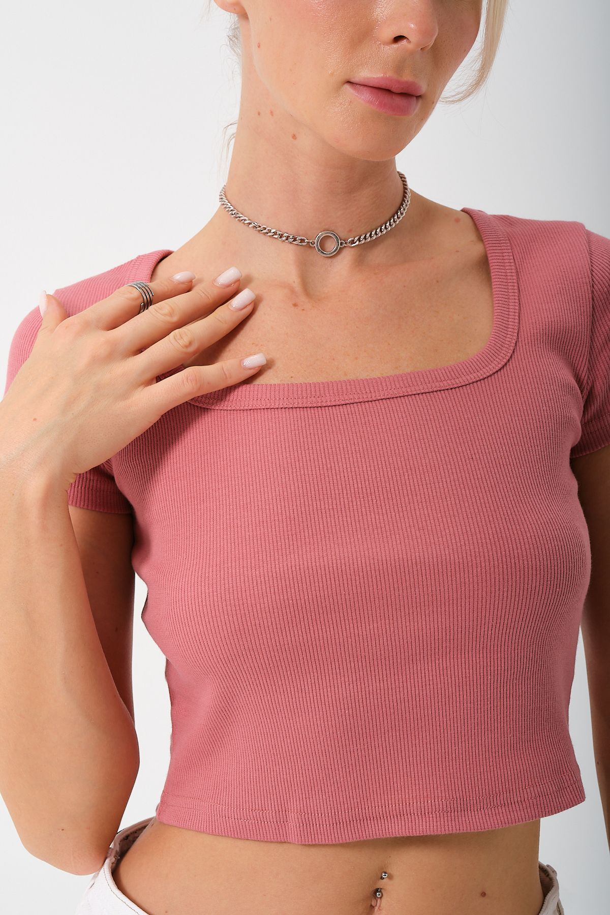 PUNKY CAT-Women's Dried Rose U-Neck Short Sleeve Crop Blouse 8
