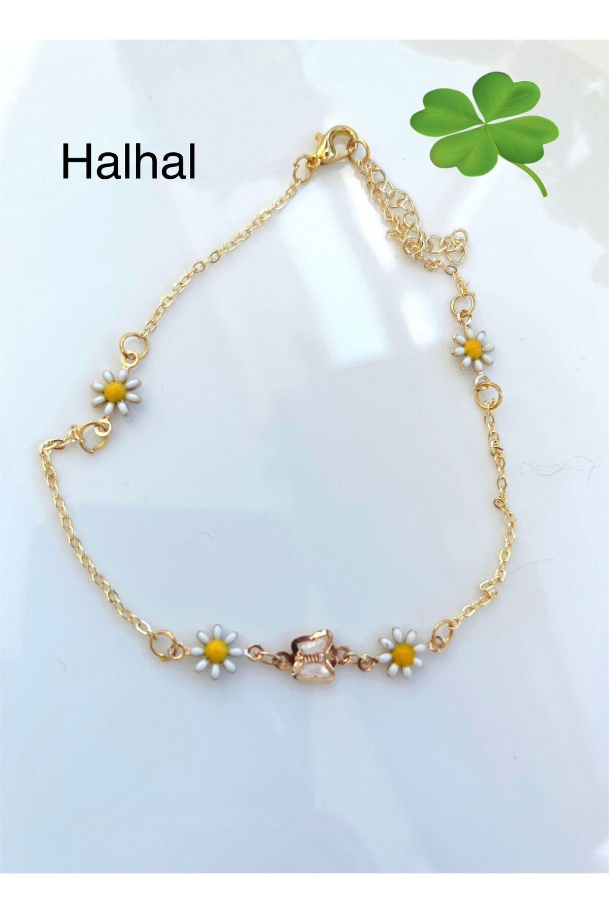 Arescollection el yapımı mineli papatyalı kristal kelebekli kararmaz kaplama zincir halhal