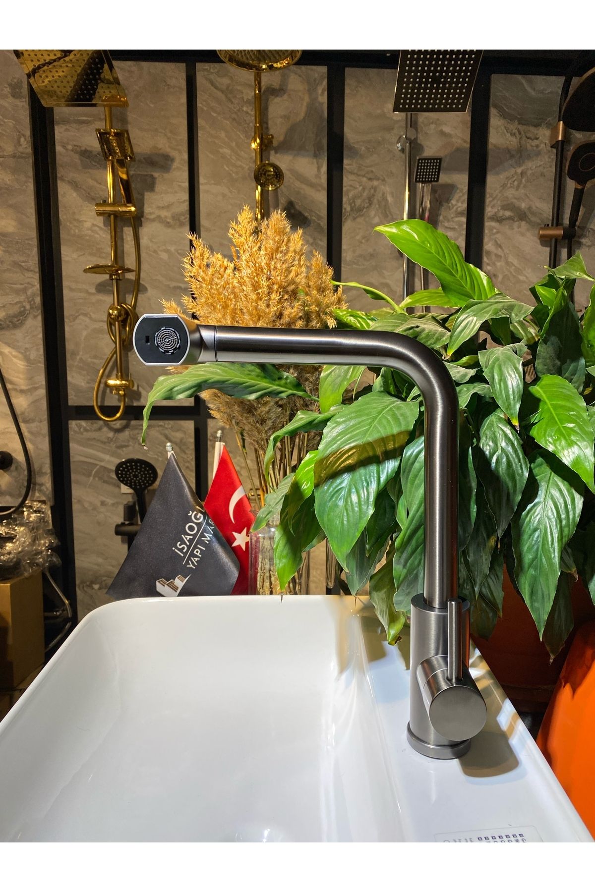 İSAOĞLU YAPI-Anthracite Kitchen Faucet Anthracite Gray Spiral Sink Faucet Extending System Waterfall Flow 3