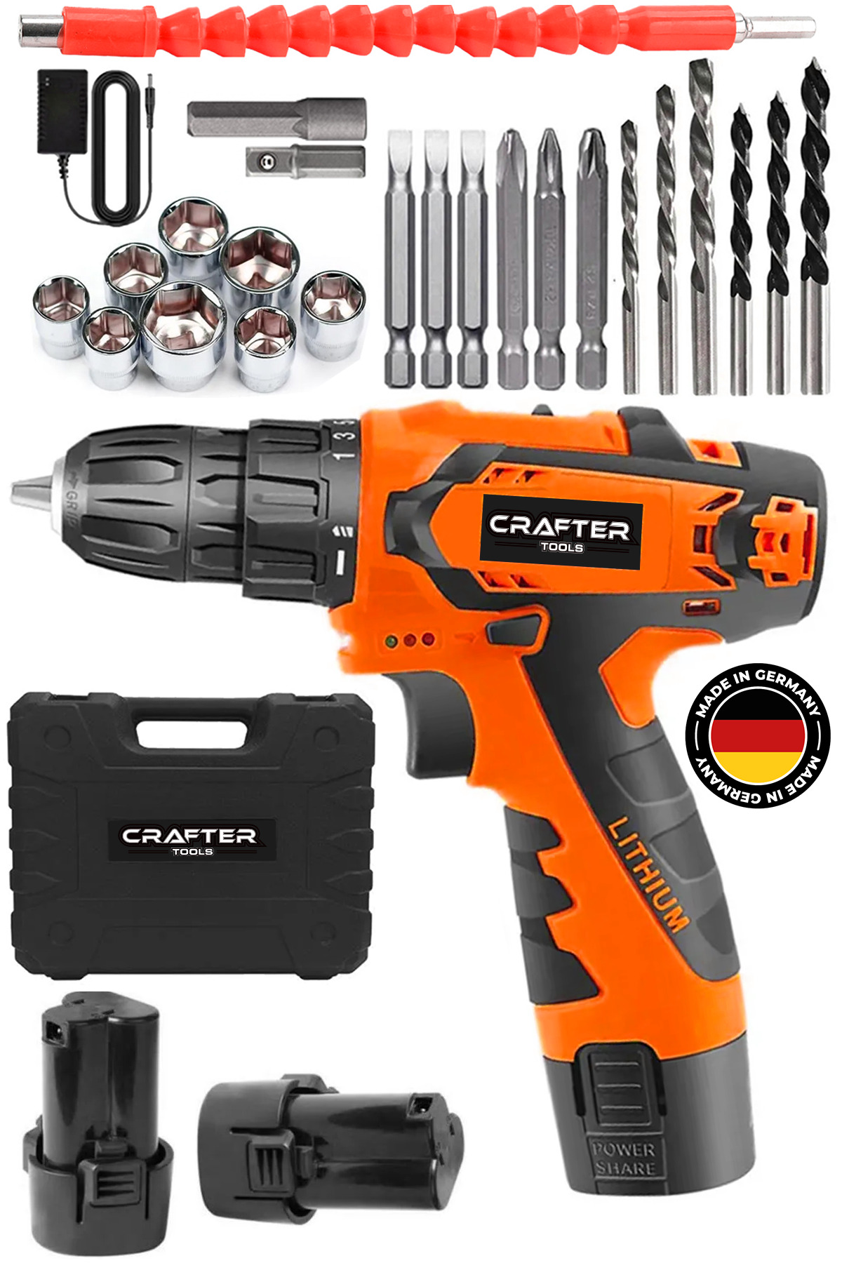 CRAFTERTOOLS Germany 24V 5Ah Metal Şanzuman Çift Armut Bataryalı Şarjlı Vidalama Şarjlı Matkap 24 Parça Setli