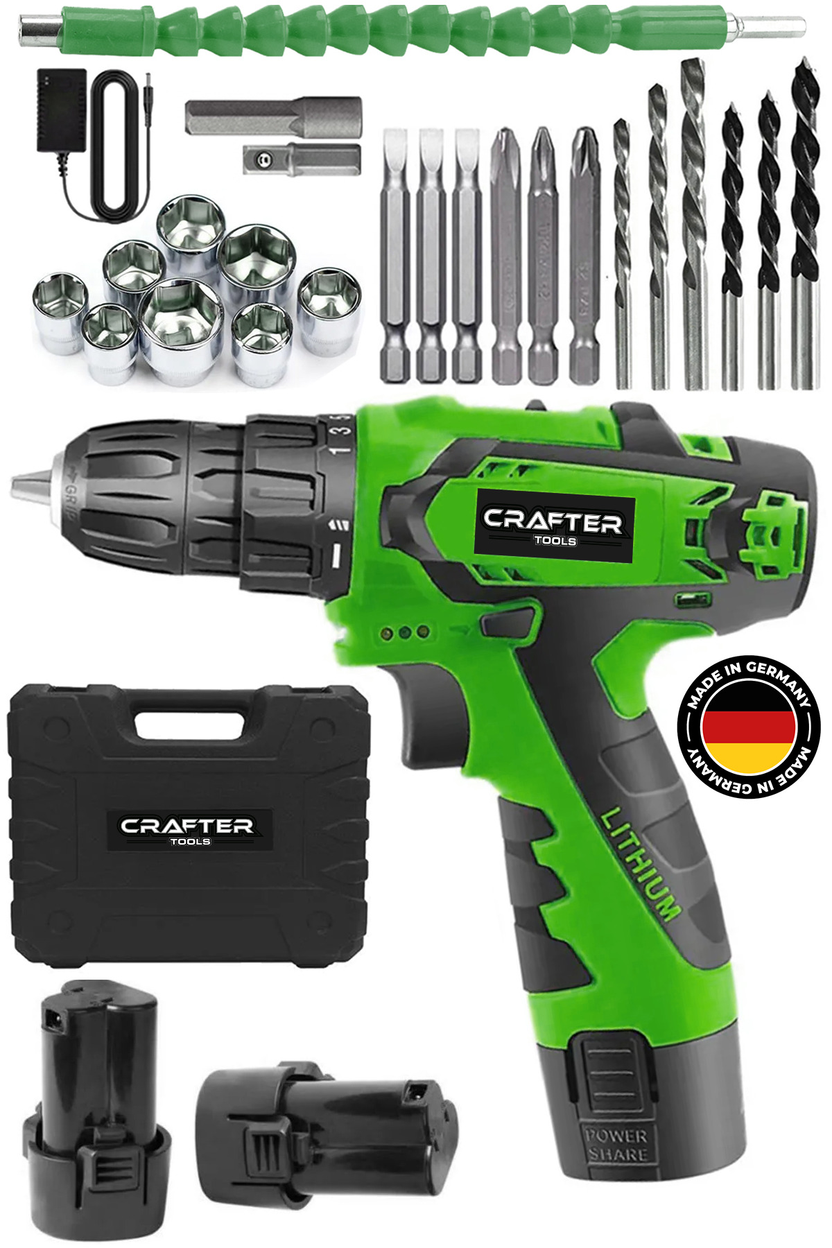CRAFTERTOOLS Germany 24V 5Ah Metal Şanzuman Çift Armut Bataryalı Şarjlı Vidalama Şarjlı Matkap 24 Parça Setli