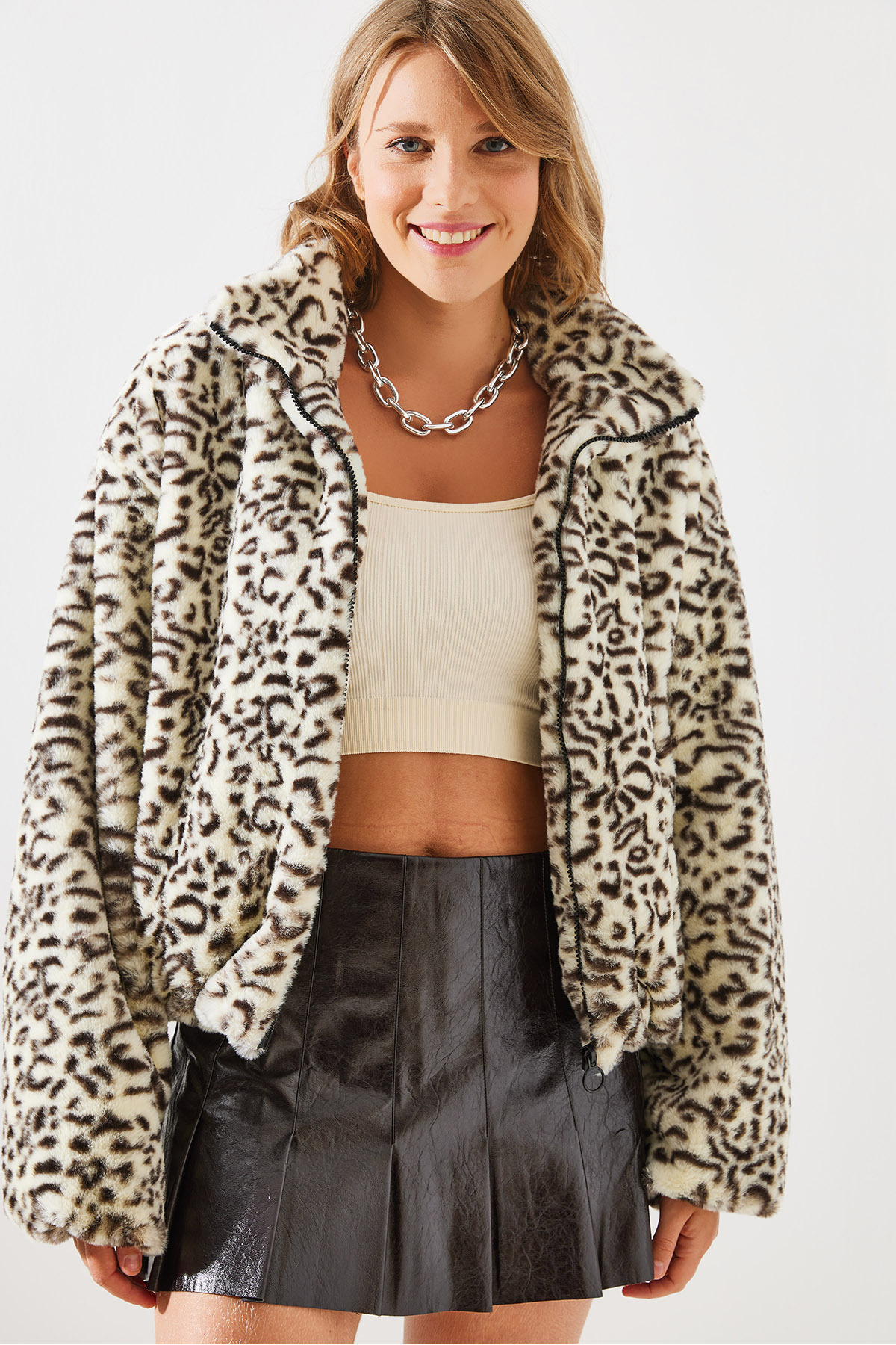 Bianco Lucci  Kadın Leopar Desenli Suni Kürk Mont 2426 60251795 - Görsel 7