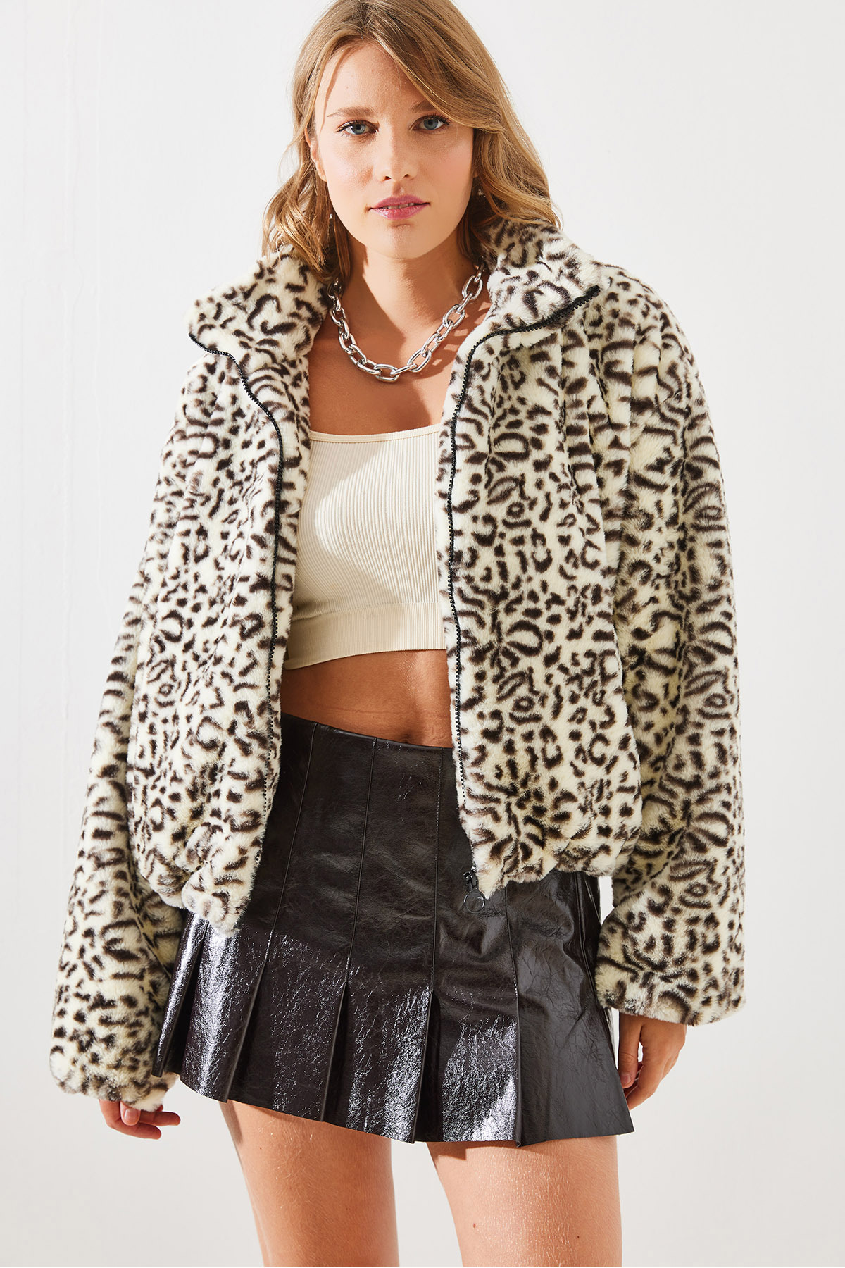 Bianco Lucci  Kadın Leopar Desenli Suni Kürk Mont 2426 60251795 - Görsel 6