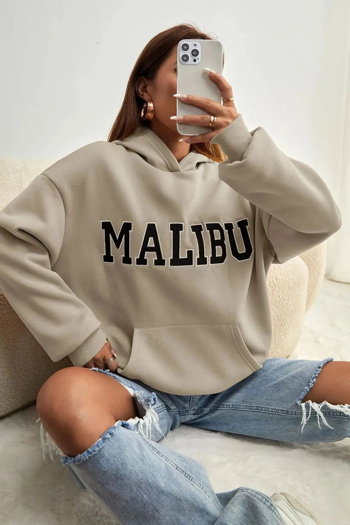 mw memowear Unisex 2Ip Raised Beige Malibu Knitted Fabric Sweatshirt