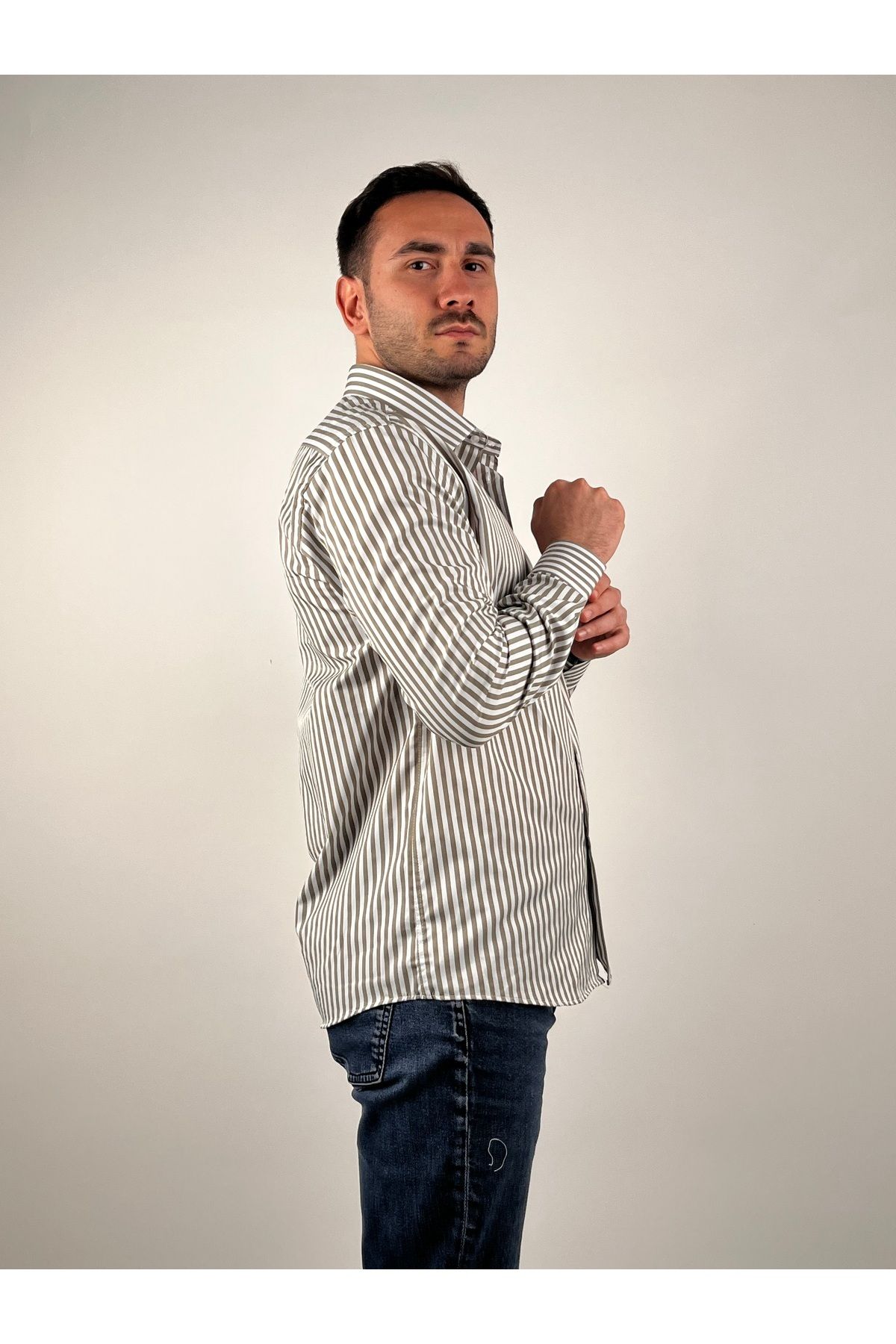 Mad&Calf-Cămașă în dungi pentru bărbați, cu guler, cu mânecă lungă, cu nasturi 2