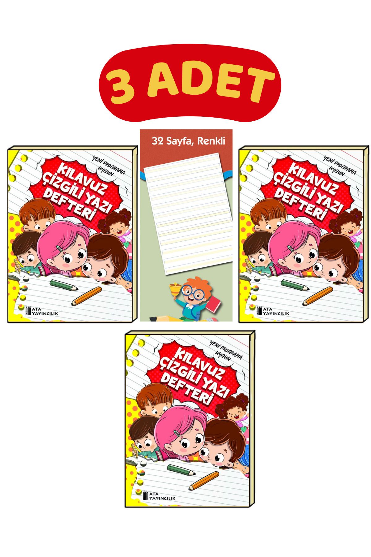 Ata Yayıncılık-Ata 1St Classroom Writing Notebook - 0.5 cm Spacing, 3 Lines - Large Size from 2 Spacing, 3 Pieces 2
