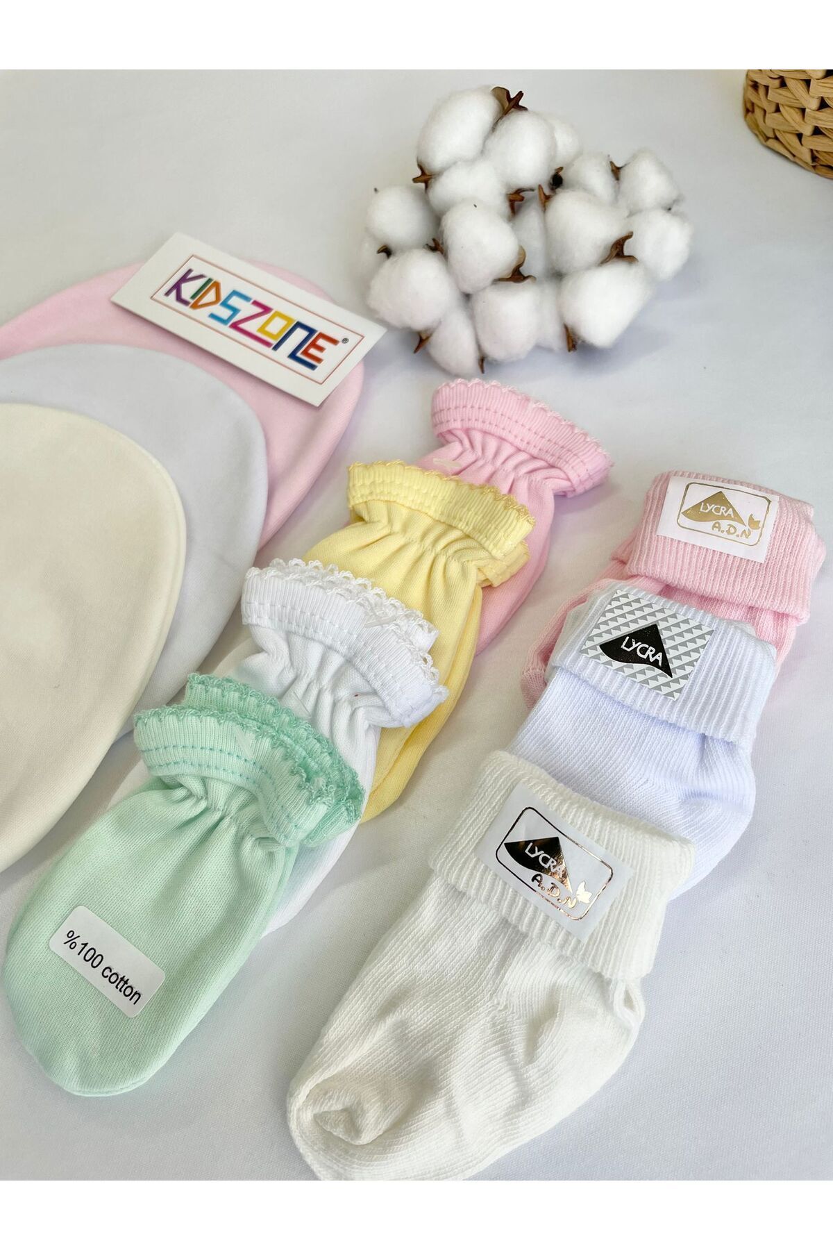 kidszone %100 Pamuk Yenidoğan Bebek Eldiven Yenidoğan Şapka Yenidoğan Çorap 3 Şapka 4 Eldiven 3 Çorap. fotoğrafı 3 (önizleme)