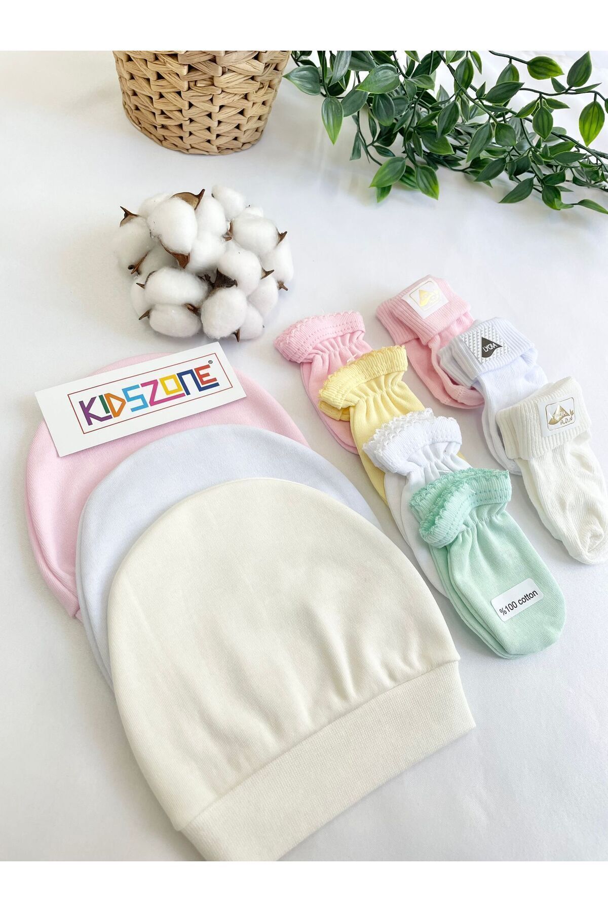 kidszone %100 Pamuk Yenidoğan Bebek Eldiven Yenidoğan Şapka Yenidoğan Çorap 3 Şapka 4 Eldiven 3 Çorap. fotoğrafı 2 (önizleme)