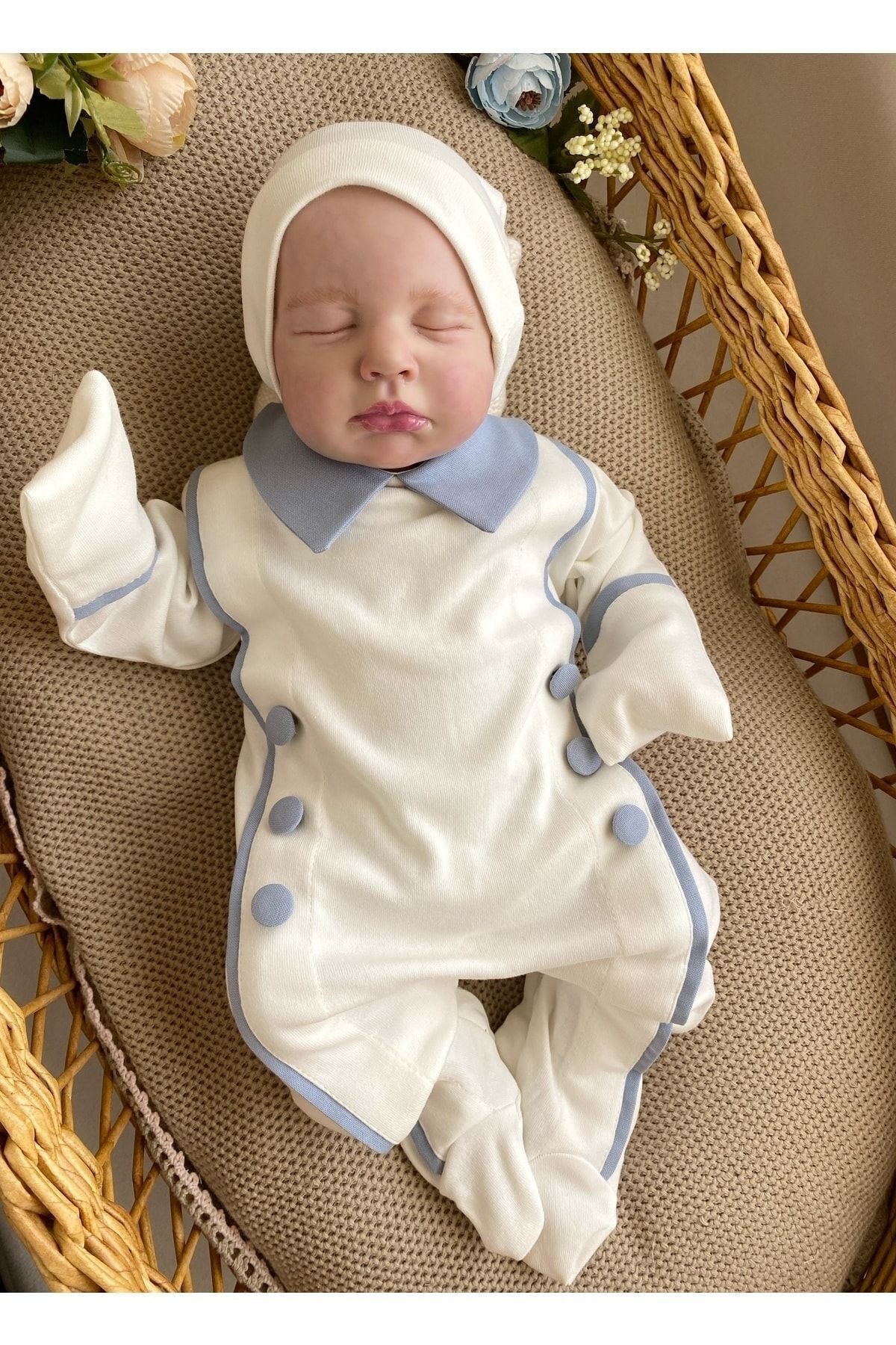 Mama Miel Baby Mavi Düğmeli Tulum Ve Şapkası fotoğrafı 2 (önizleme)