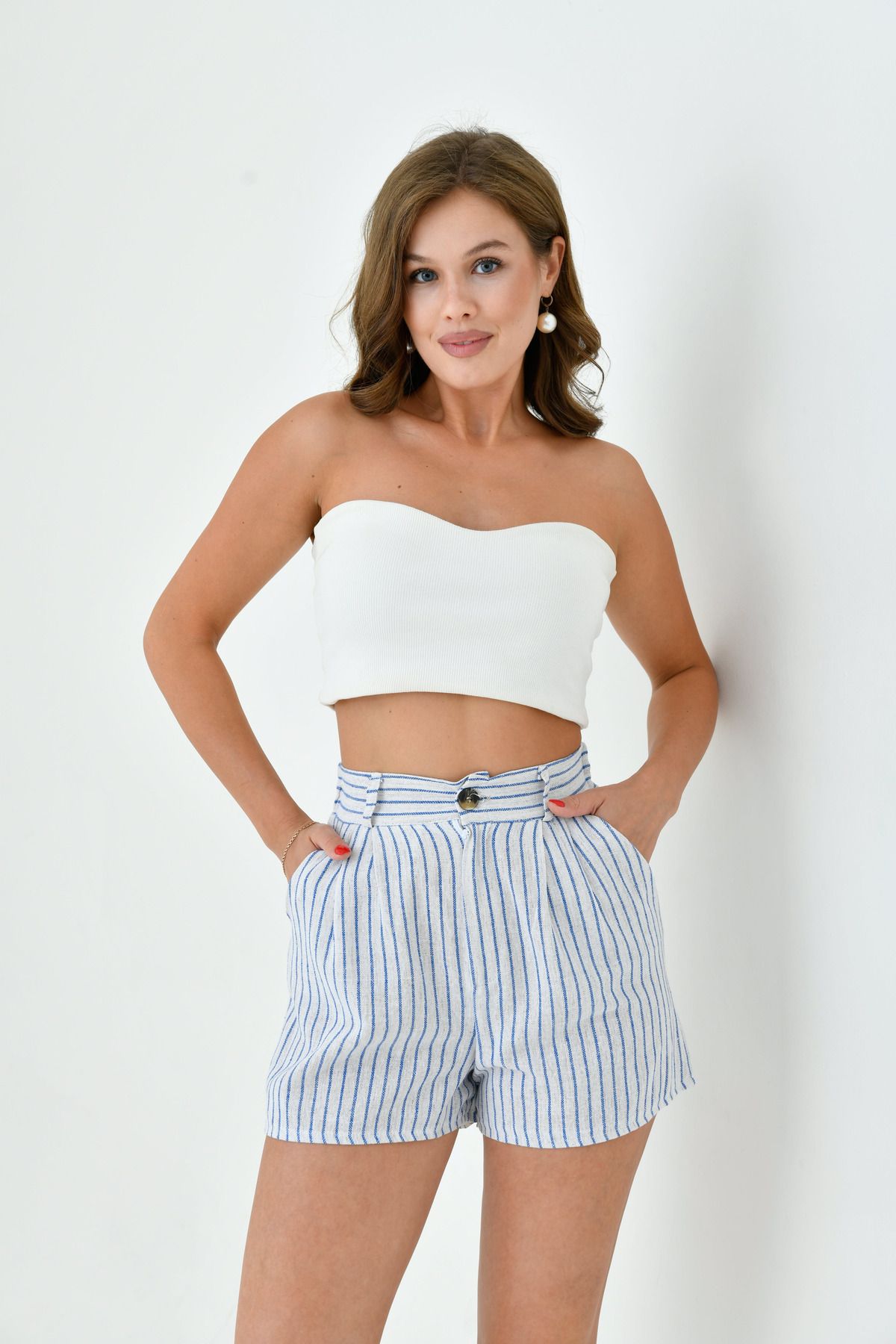 MAMAYAGA Pantaloni Scurți Sport De In Pentru Femei Cu Dungi Și Texturi - Design Elegant De Primăvară Femeie - XL