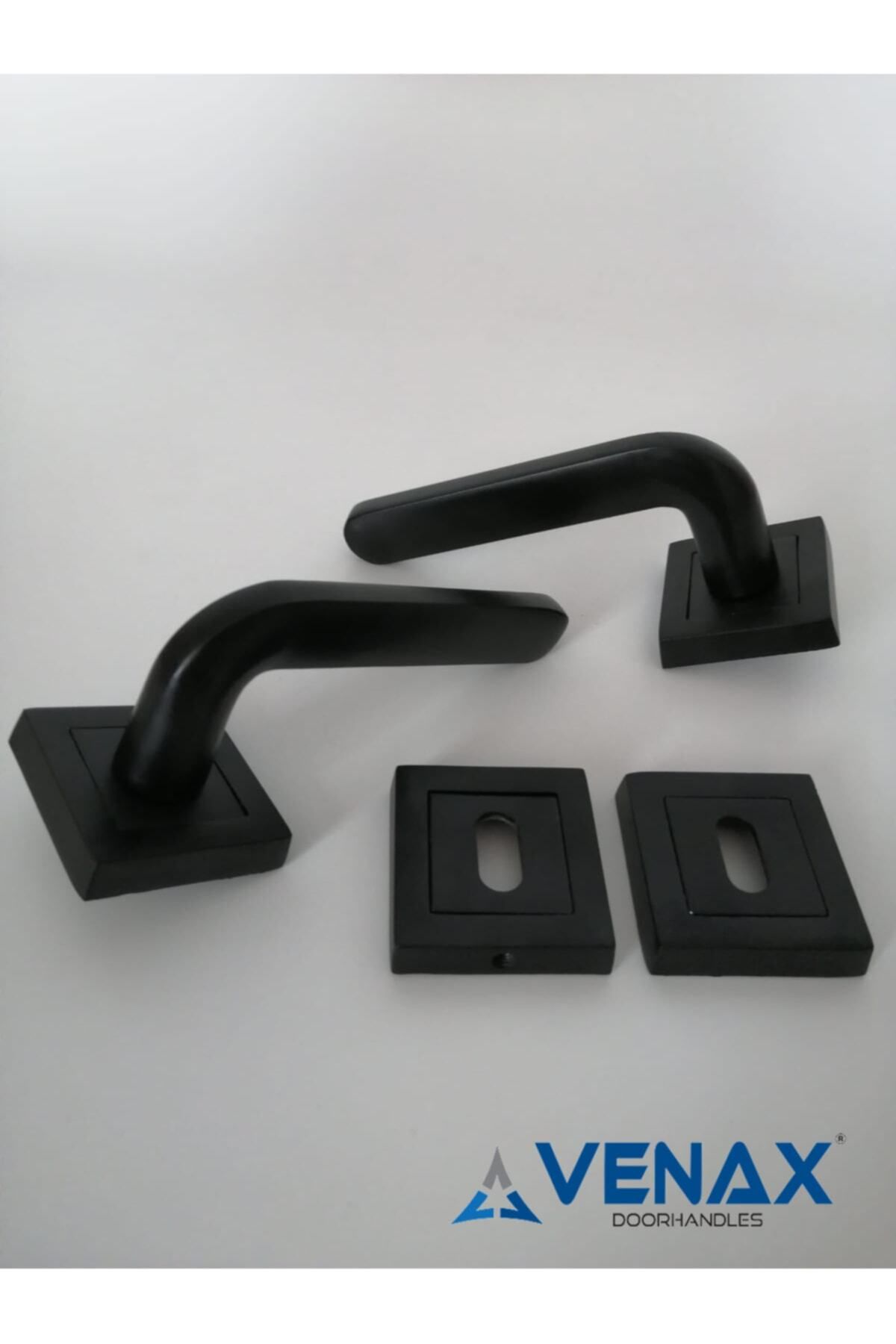 Venax-Matte Black Helsinki Room Door Handle with Stainless Square Rosette / 1 Set (2 Pieces - Front and Back) 2