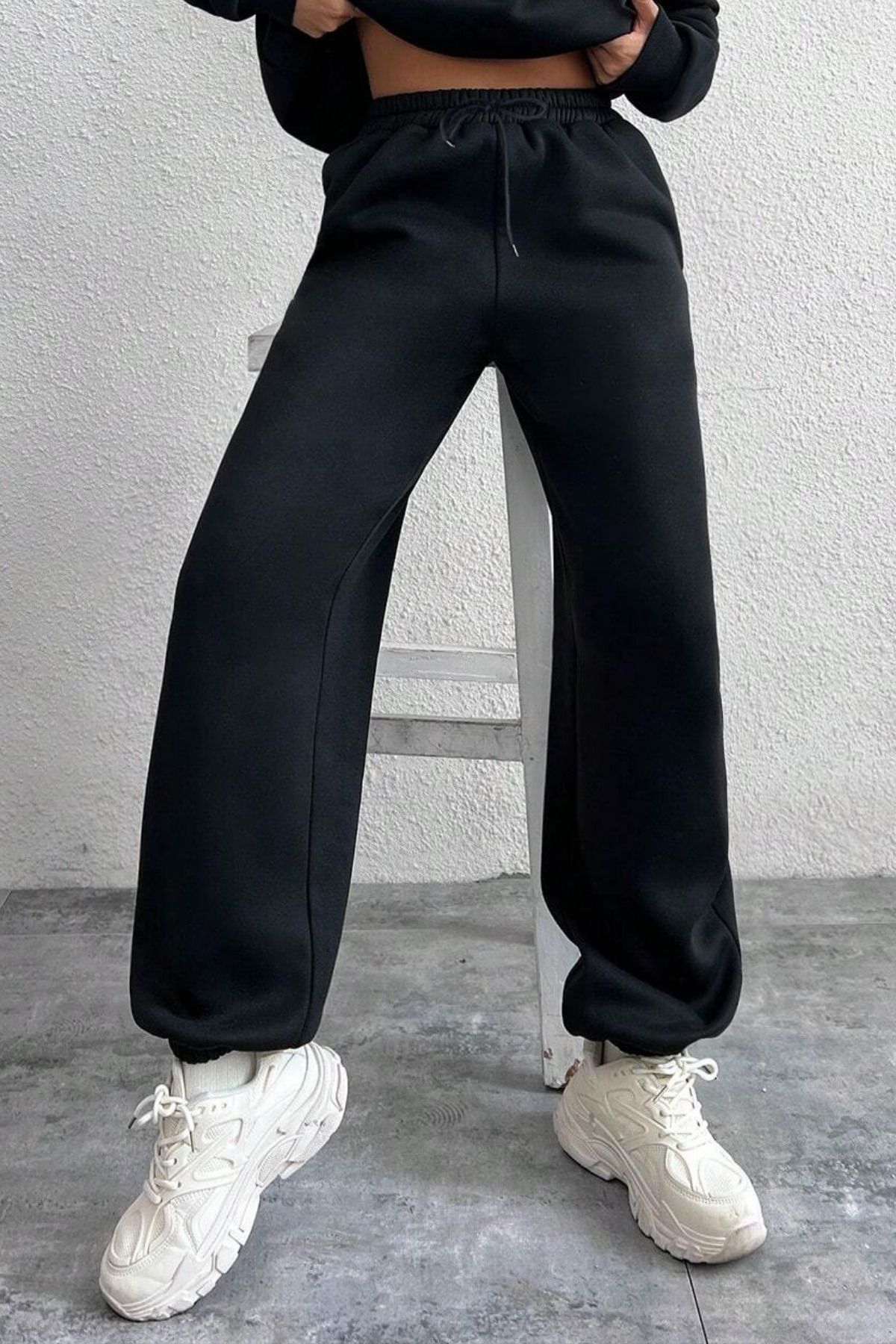 pantalon de jogging noir à taille haute intérieur coton