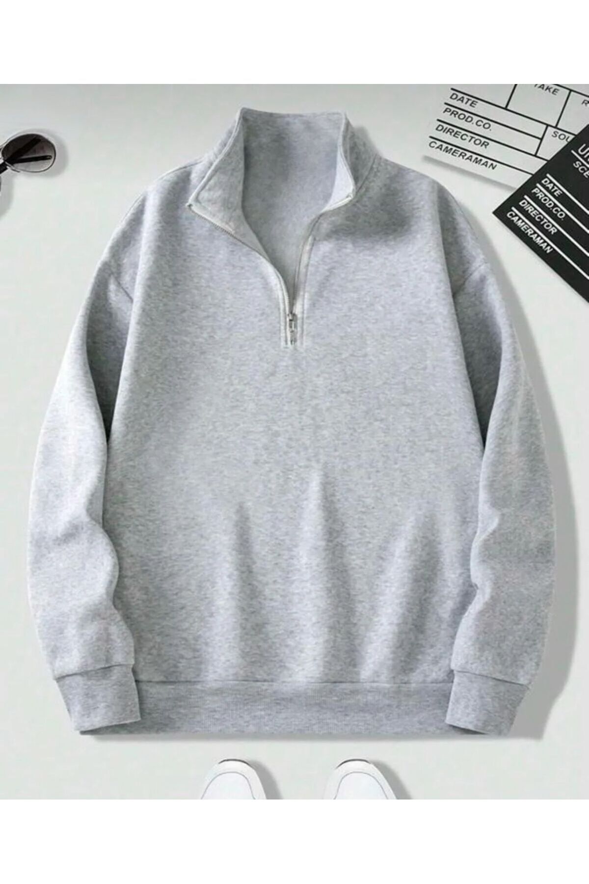 trendgar 3 Lu Stand Collar Zippered Oversize Unisex Sweatshirt Black Gray Navy Blue