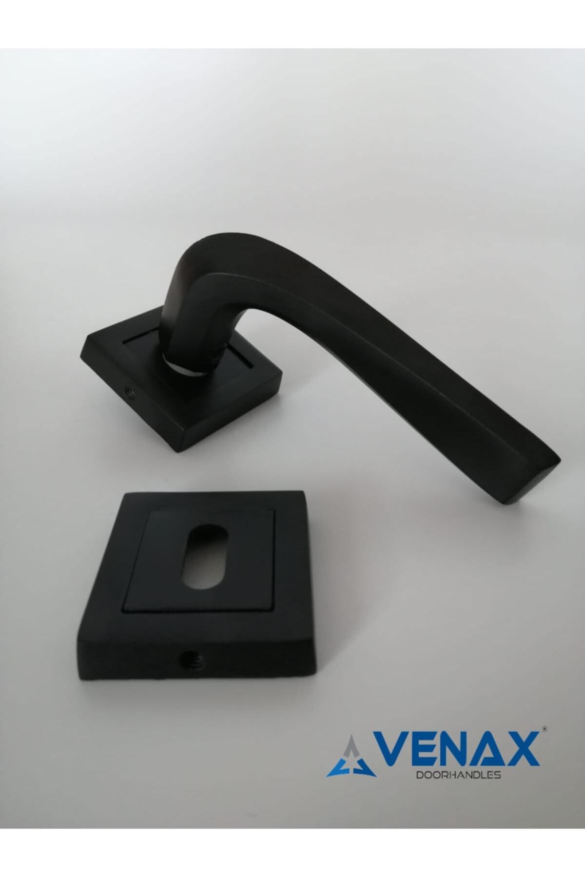 Venax-Matte Black Athens Room Door Handle with Stainless Square Rosette / 1 Set (2 Pieces - Front and Back) 1