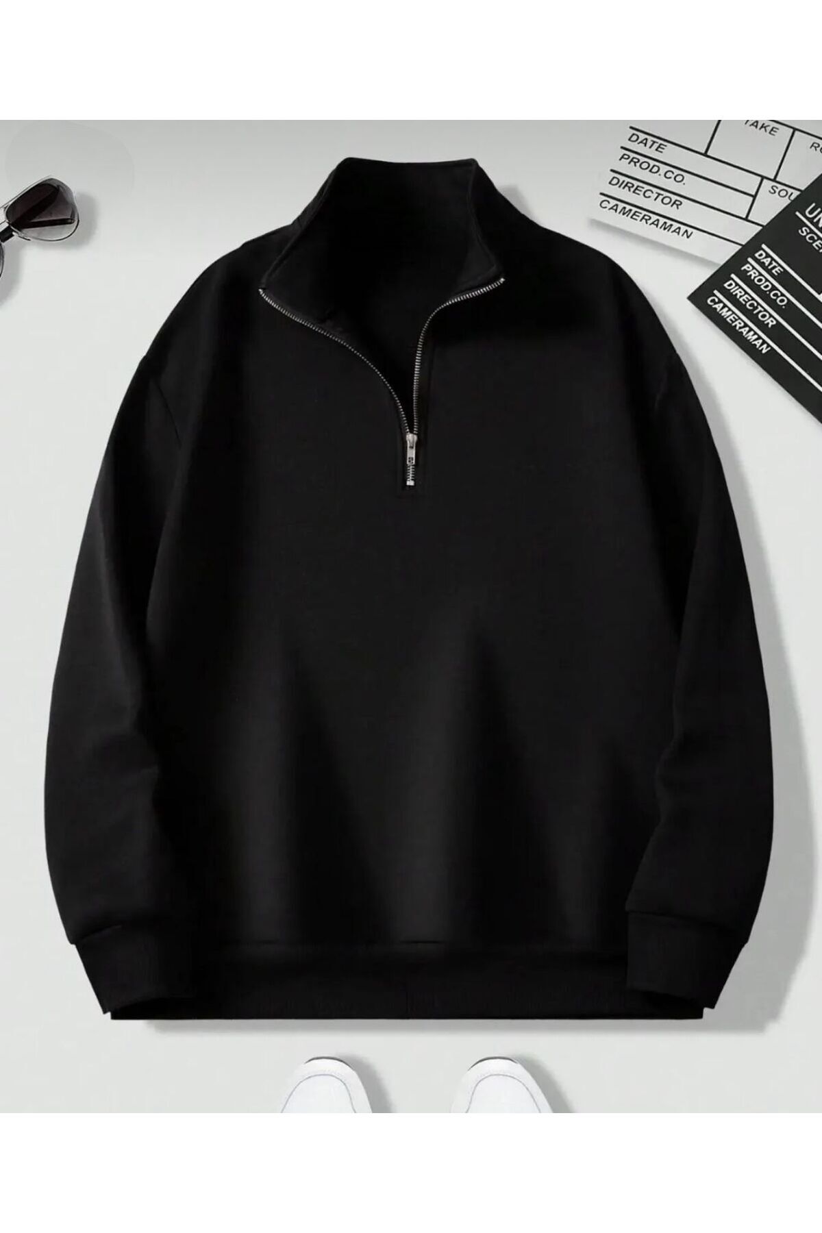 trendgar 3 Lu Stand Collar Zippered Oversize Unisex Sweatshirt Black Gray Navy Blue