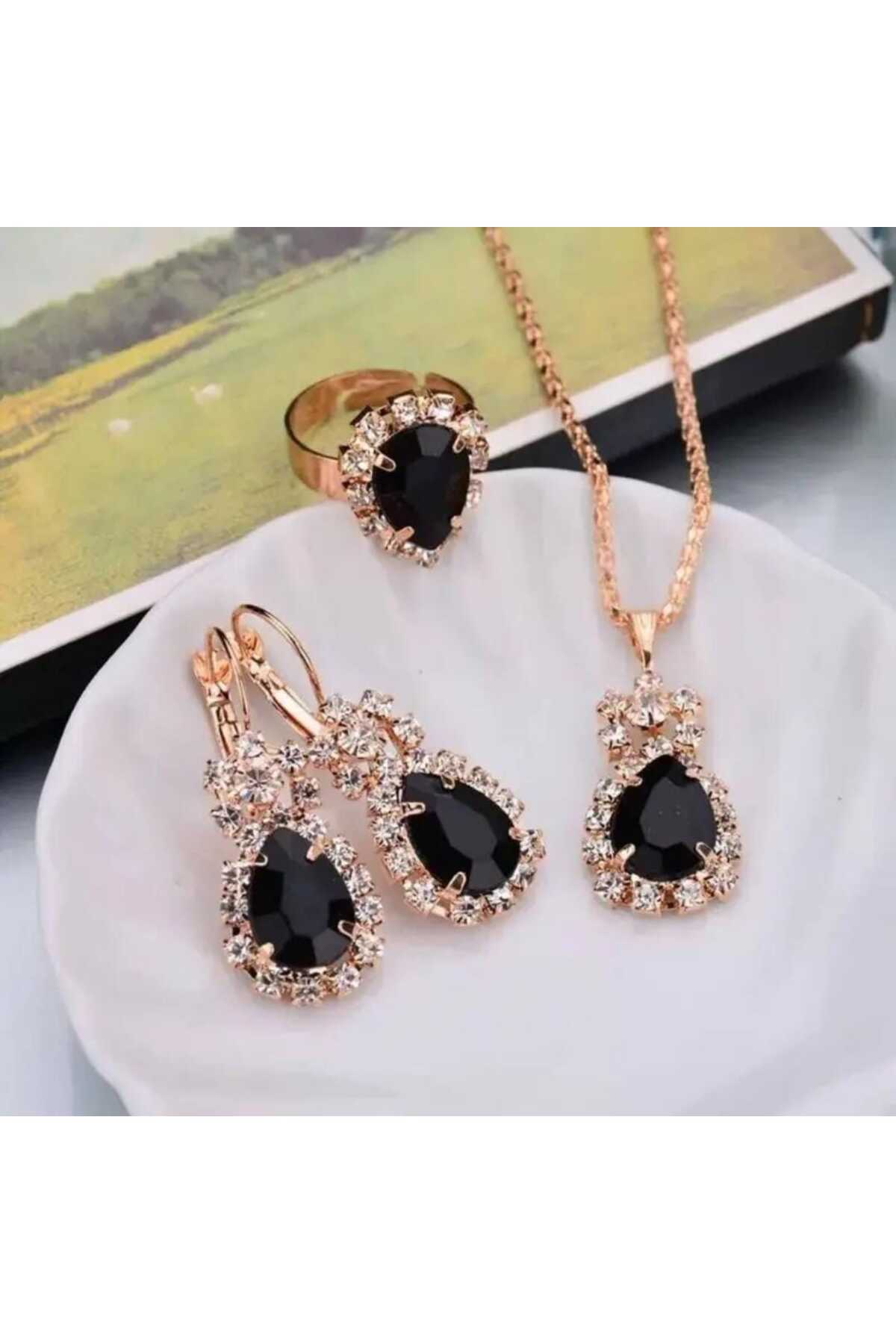 Beyna Gold Kaplama Kristal Taşlı Kolye Küpe Yüzük Seti Hediye Set Sevgiliye Hediye  Anneye Hediye